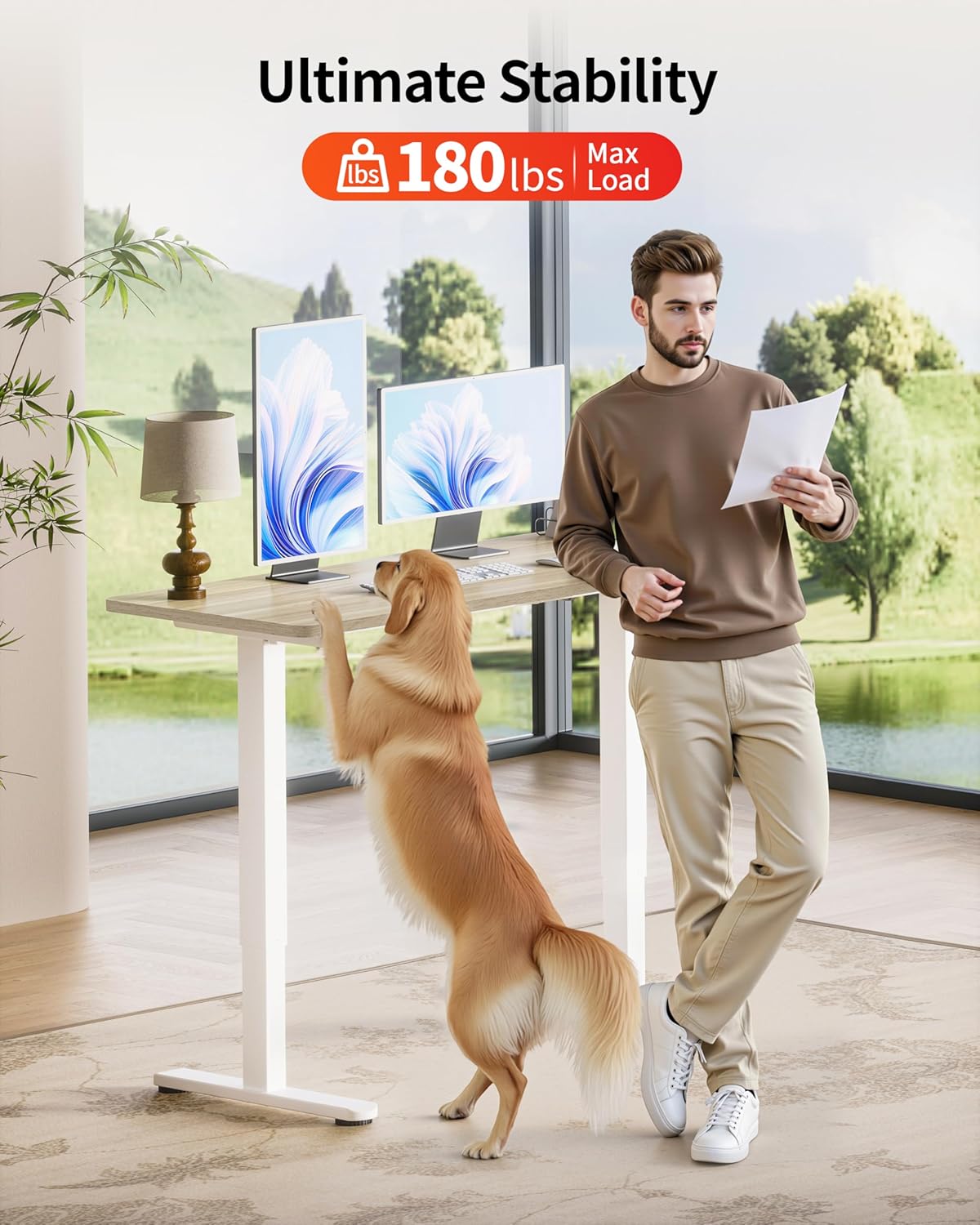 Okin Standing Desk Electric Adjustable Computer Desks, Whole Piece Stand up Desk Office Gaming Home Office Memory Desks 48x24 inches Cream Pecans