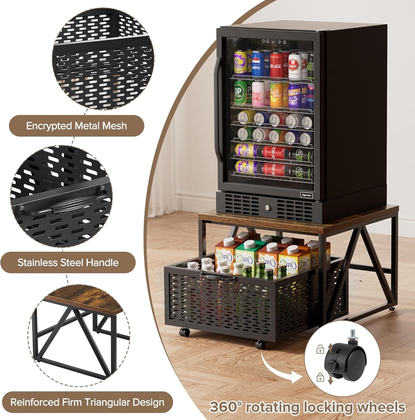 Urban Deco Mini Fridge Stand with Storage, Heavy Duty Fridge Cart with Drawer Basket, Mini Refrigerator Table for 220 LBS, Mobile Fridge Stand with Swivel Wheels for Dorm,Office,Home, Retro Brown