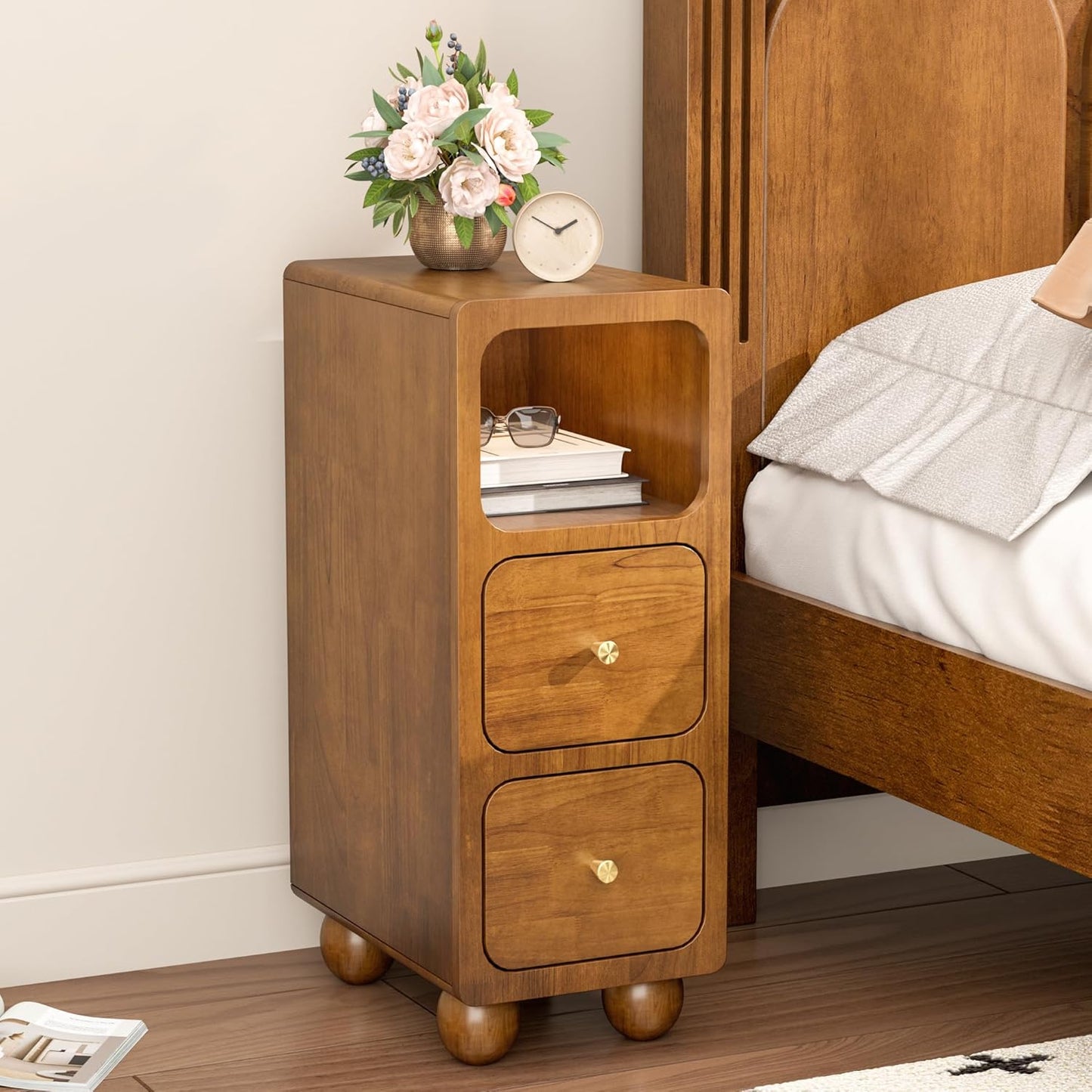 Small Nightstand, Narrow Tall Beside Table with 2 Drawers and Open Shelf, Walnut Solid Wood Night Stand, Mid Century Modern Nightstand for Bedroom (10 inch)