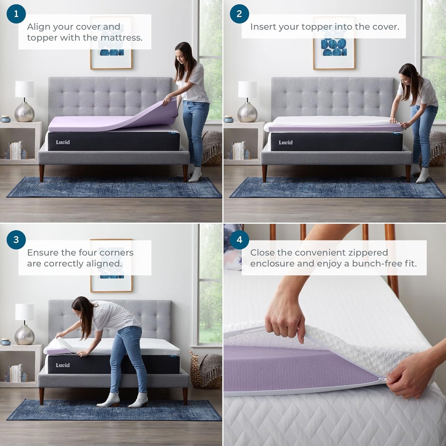 LUCID 4 Inch Lavender Infused Memory Foam Mattress Topper and LUCID Zippered Enclosure Mattress Topper Cover, California King