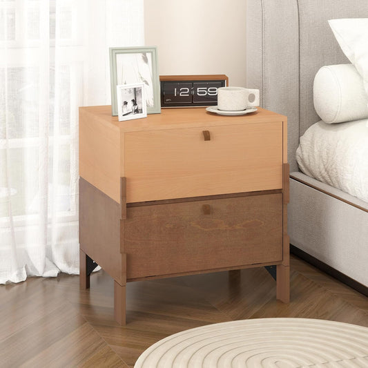 Sebastack Night Stand, Customizable 2 Drawers Bedside Table, End Table, Side Table for Bedroom, Dormitory, Mid-Century Style Wood Chest of Furnitures, Beech and Walnut Color Combo