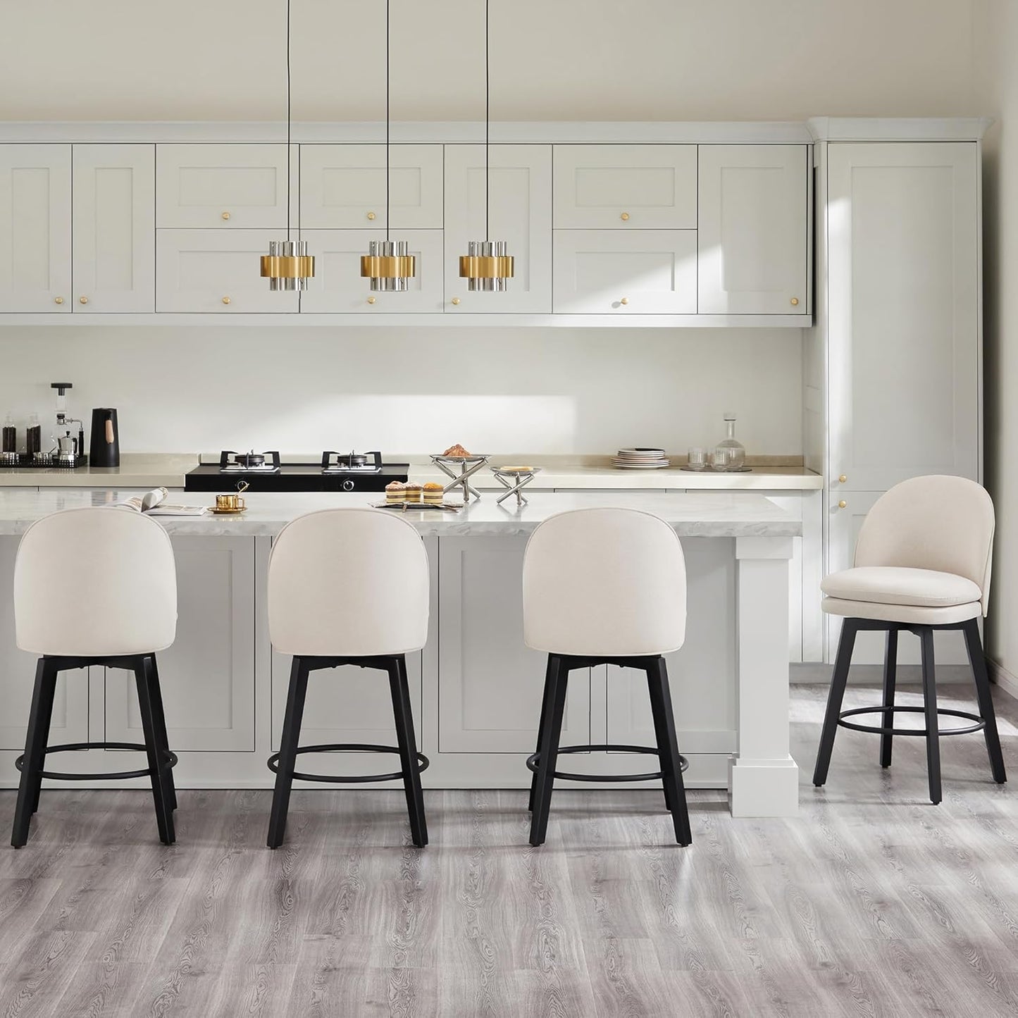 Counter Height Barstools 26 inch Upholstered Swivel Bar Stools with Back and Wood Legs for Kitchen Island,Set of 3,Beige Fabric-Armless