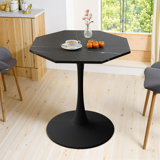 Dining Table for 2-4, 31.5" Kitchen Table with Printed Marble Top, Modern Tables for Dining Room, Living Room, Coffee Bar, Black