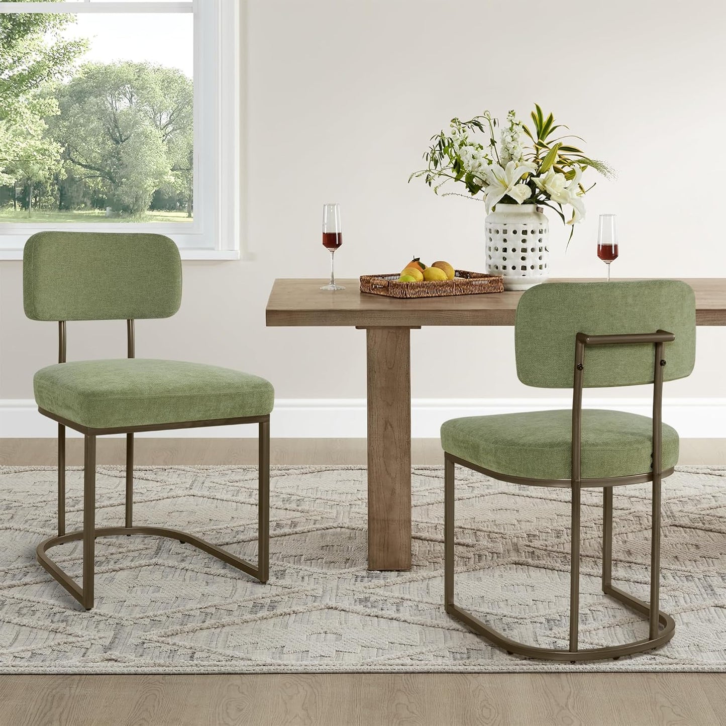 Dining Chairs Set of 2, Upholstered Modern Kitchen Chairs with Ergonomic Backrest, Fabric Cushion Seat & Metal Legs for Living Room, Restaurant, and Café, Green