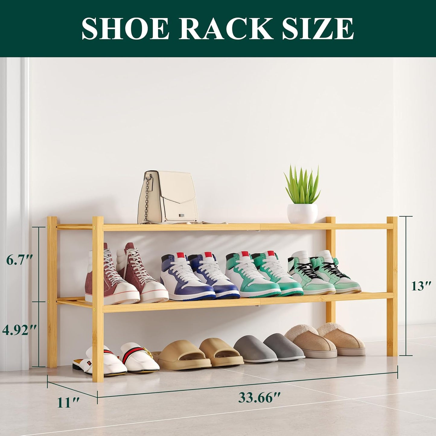 Smiry Shoe Rack, 2 Tier Long Bamboo Shoe Organizer, Stackable Free Standing Wooden Shoe Storage Shelf for Closet, Entryway, Front Door Entrance, Natural