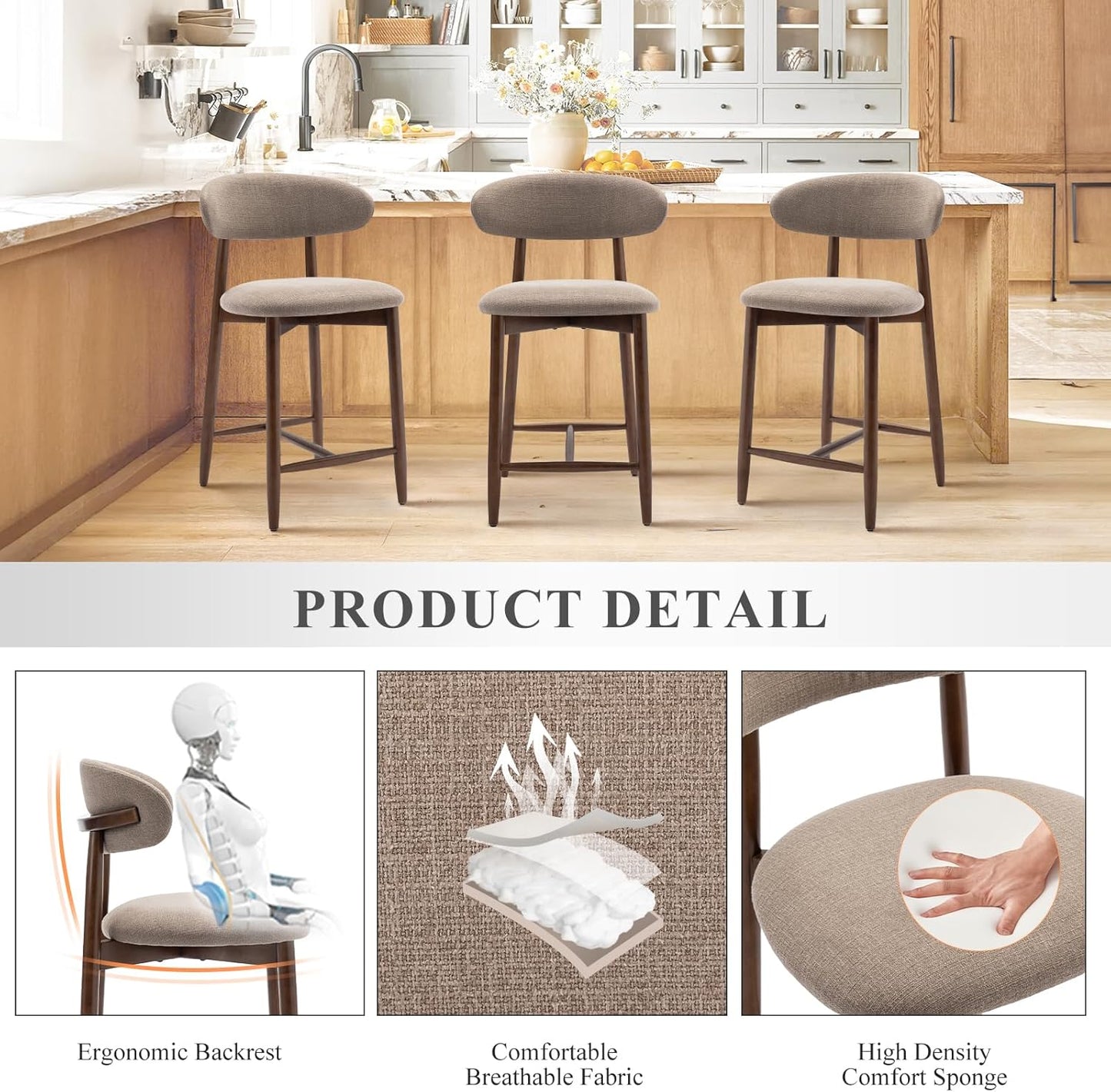 COLAMY Bar Stools Set of 2, Counter Height Barstools, Upholstered Counter Stools with Wood Legs for Kitchen Island Dining Room, Camel