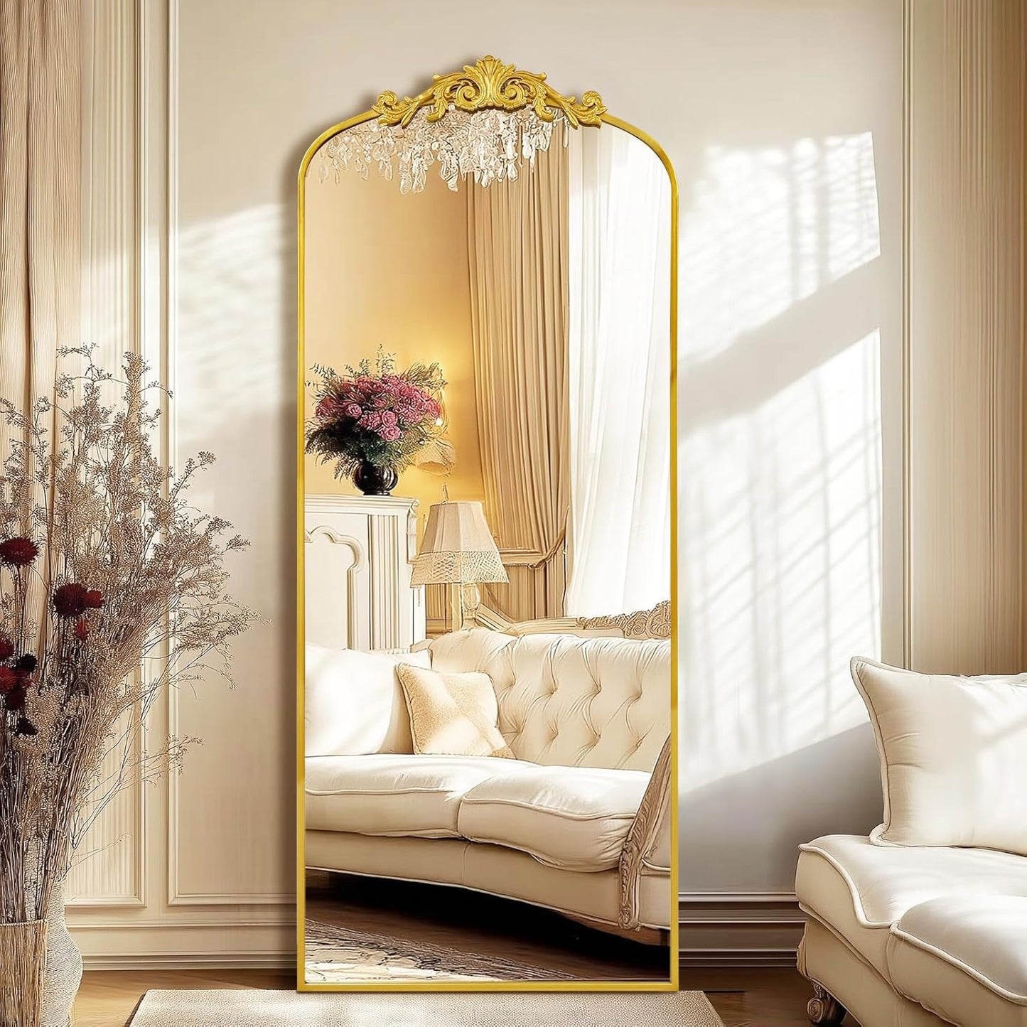 AIXI HOME Antique Gold Arched Full Length Mirror, 71"x30" Floor Vintage Mirror with Ornate Frame, Baroque Inspired Home Decor for Livingroom Bedroom Entryway