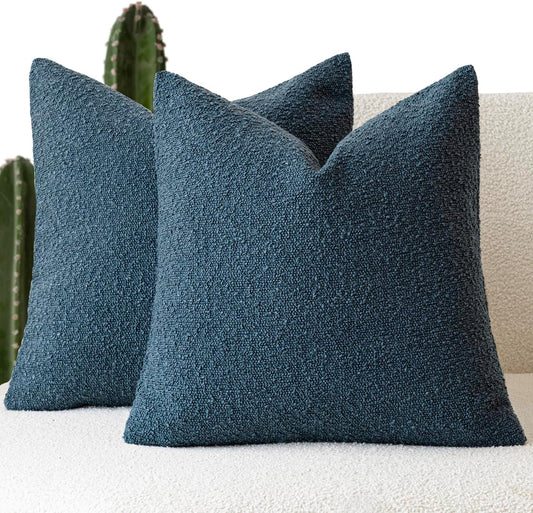 Foindtower Pack of 2, Decorative Textured Boucle Throw Pillow Covers Accent Solid Pillow Cases Cozy Soft Couch Cushion Case for Chair Sofa Bedroom Living Room Home Decor 22 x 22 Inch Blue