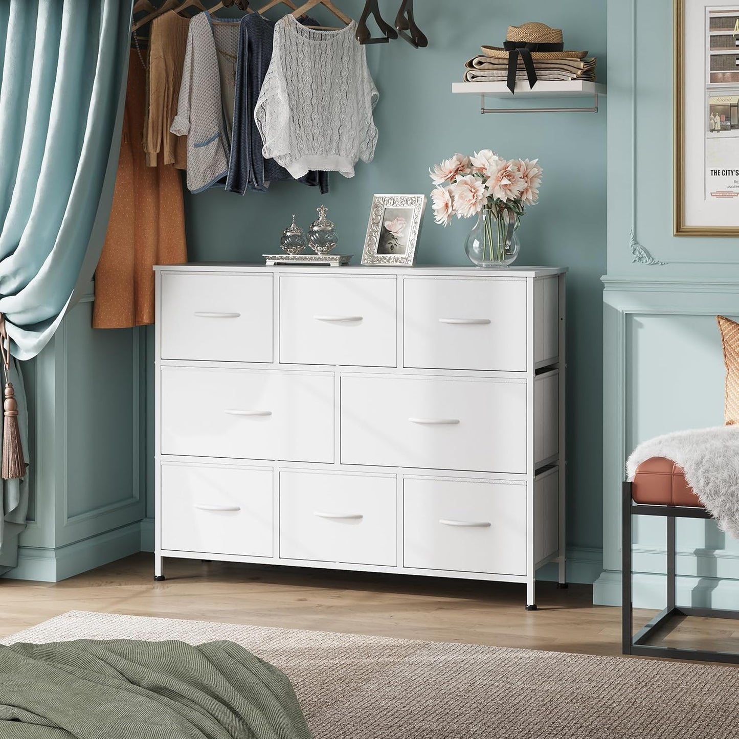 WLIVE 8 Drawer Dresser for Bedroom, Fabric White Dresser with Large Storage Drawer Unit for Entryway, Chest of Drawers for Living Room