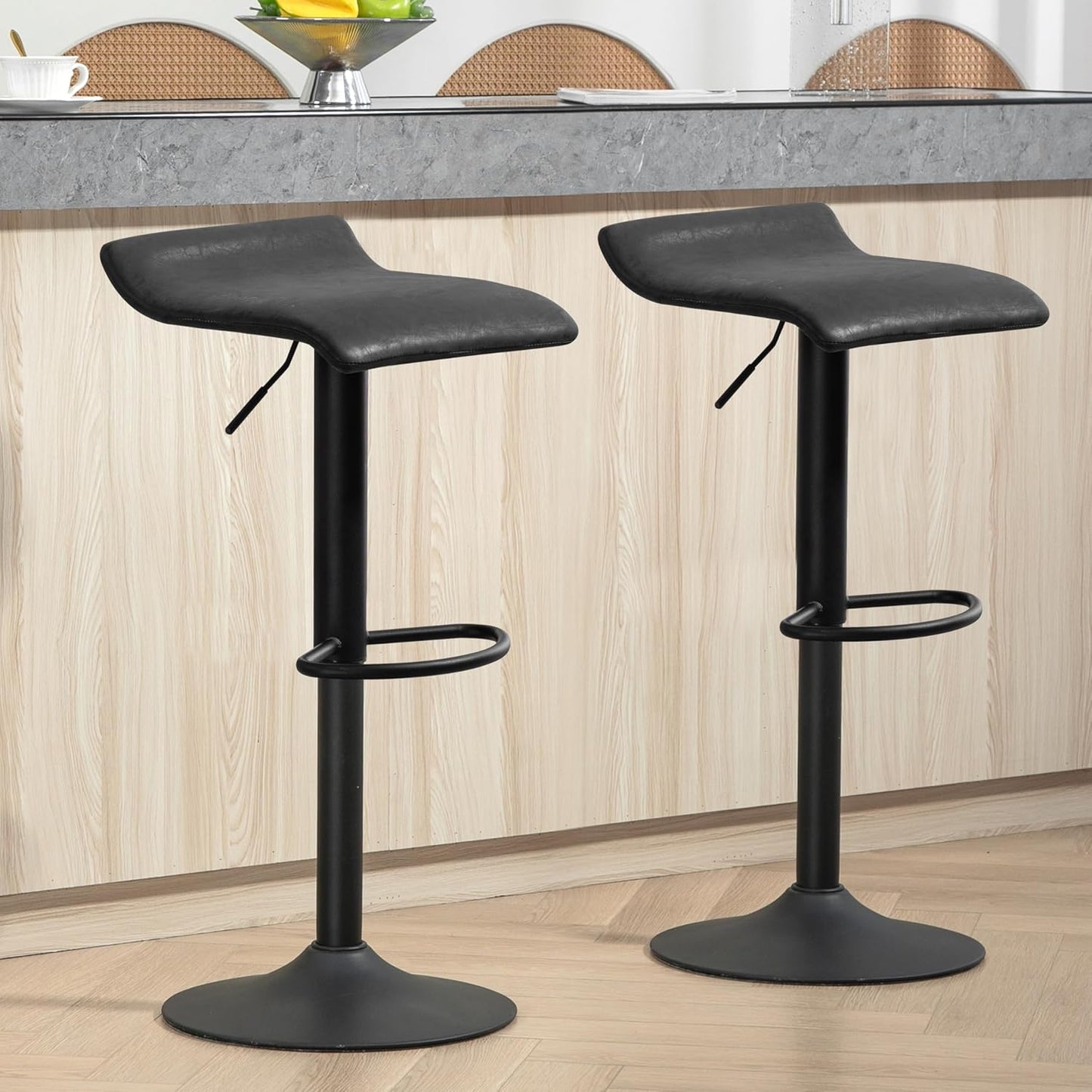 Finnhomy Bar Stools Set of 2 Counter Height, Swivel Barstools with Footrest and Backless, Height Adjustable Rustic Bar stools for Kitchen, Vintage Leather, Retro Black