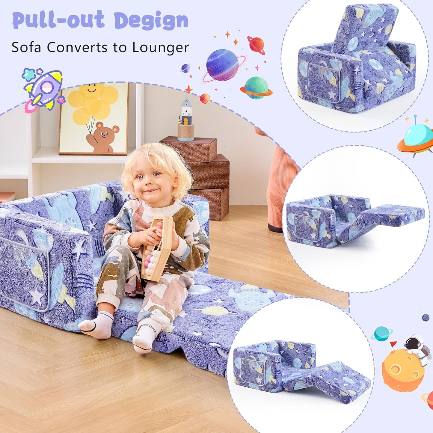 Toddler Couch,Toddler Chair,2-in-1 Baby Seat Furniture Fold Out, Convertible Sofa to Lounger Comfy Glow in The Dark Sofa Bed,Gifts for Kids Girl Boys,Rocket,Medium
