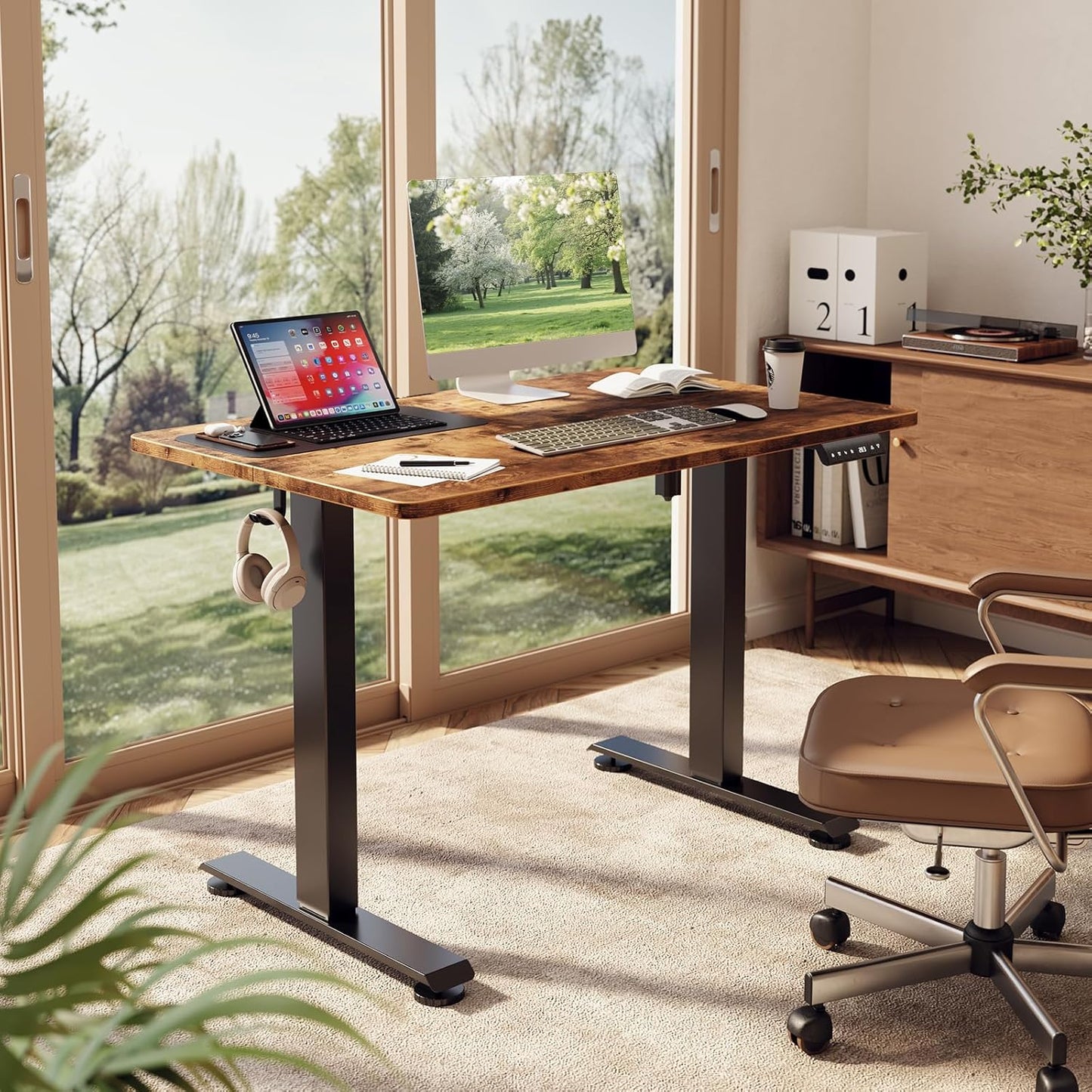 Veken 39.4" Small Electric Standing Desk, Height Adjustable Sit Stand Up, Wood Desktop, Work Home Office Computer PC Desks, Writing Study Bedroom Rising Table, Brown