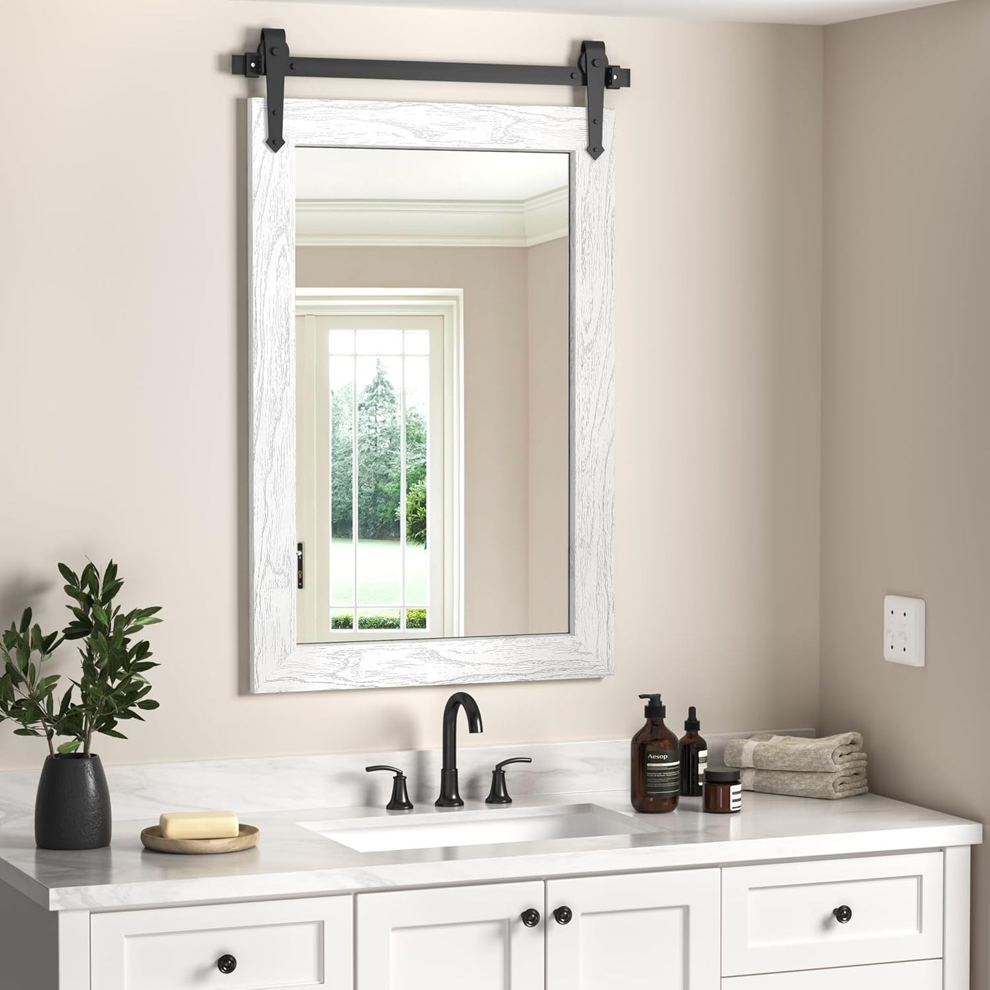Farmhouse Bathroom Mirrors for Over Sink 26”x40” White Rustic Wall Decor Mirror for Vanity Barn Door Style Wall Mirror for Bathroom Entryway Living Room Bedroom