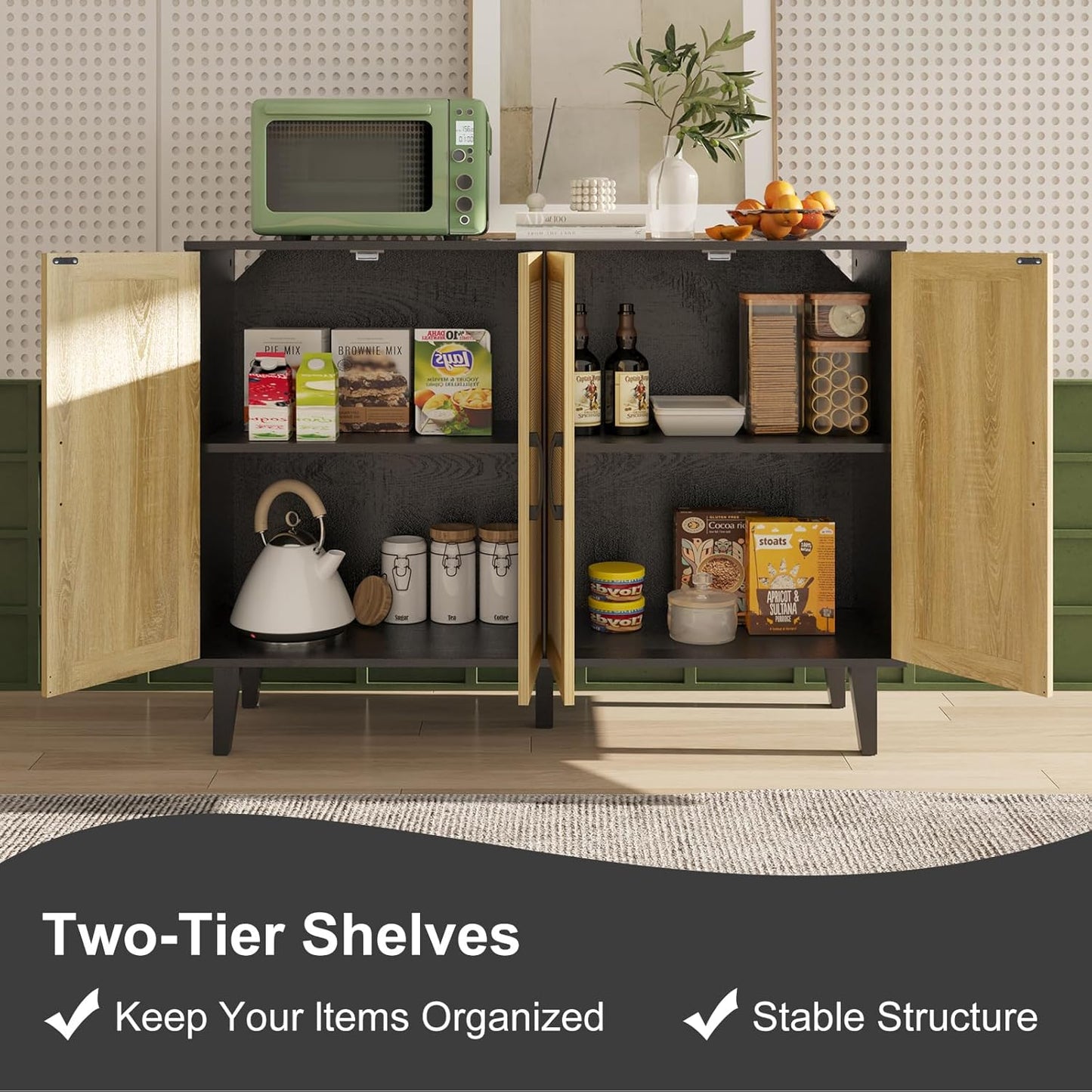 Storage Cabinet with Rattan Trim - 4 Door Sideboard Buffet Cabinet with Storage, Accent Cabinet with Shelves for Bathroom, Coffee Bar, Kitchen, Living Room, Hallway (Black)