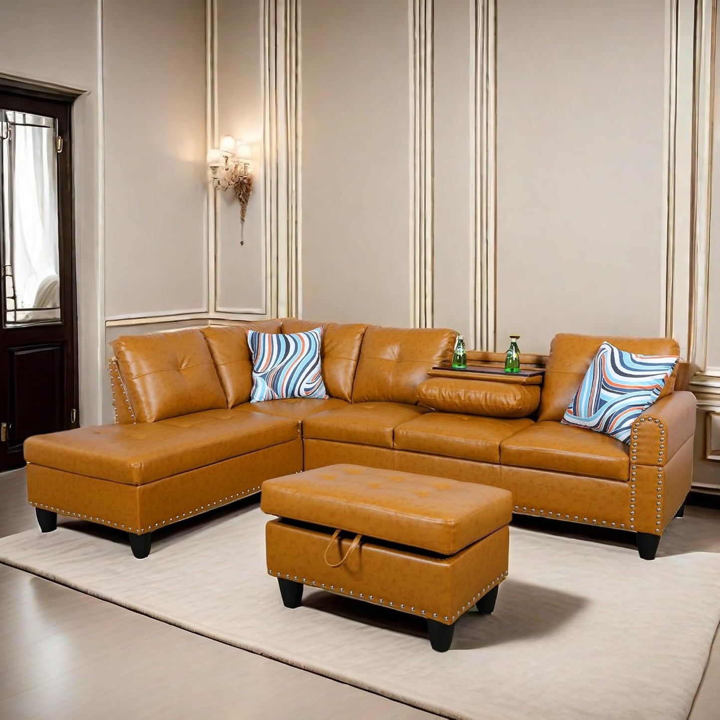 L Shaped Sectional Sofa with Ottoman, Nail-Head Design Leather Right Facing Modern Couches with Cup Holder for Living Room, Bedroom, Office, Ginger