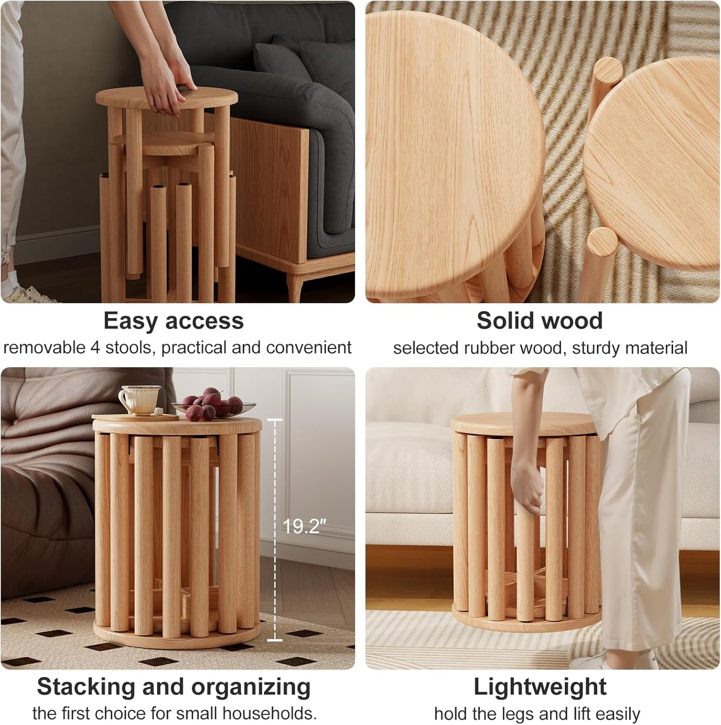 Stackable Stools Set of 4 Wooden Stools 18 Inch Stool Nesting Side Tables Nesting Coffe Table Sturdy and Durable,No Installation Required,Top Stackable Stool for Saving Space(Natural Bar stools)