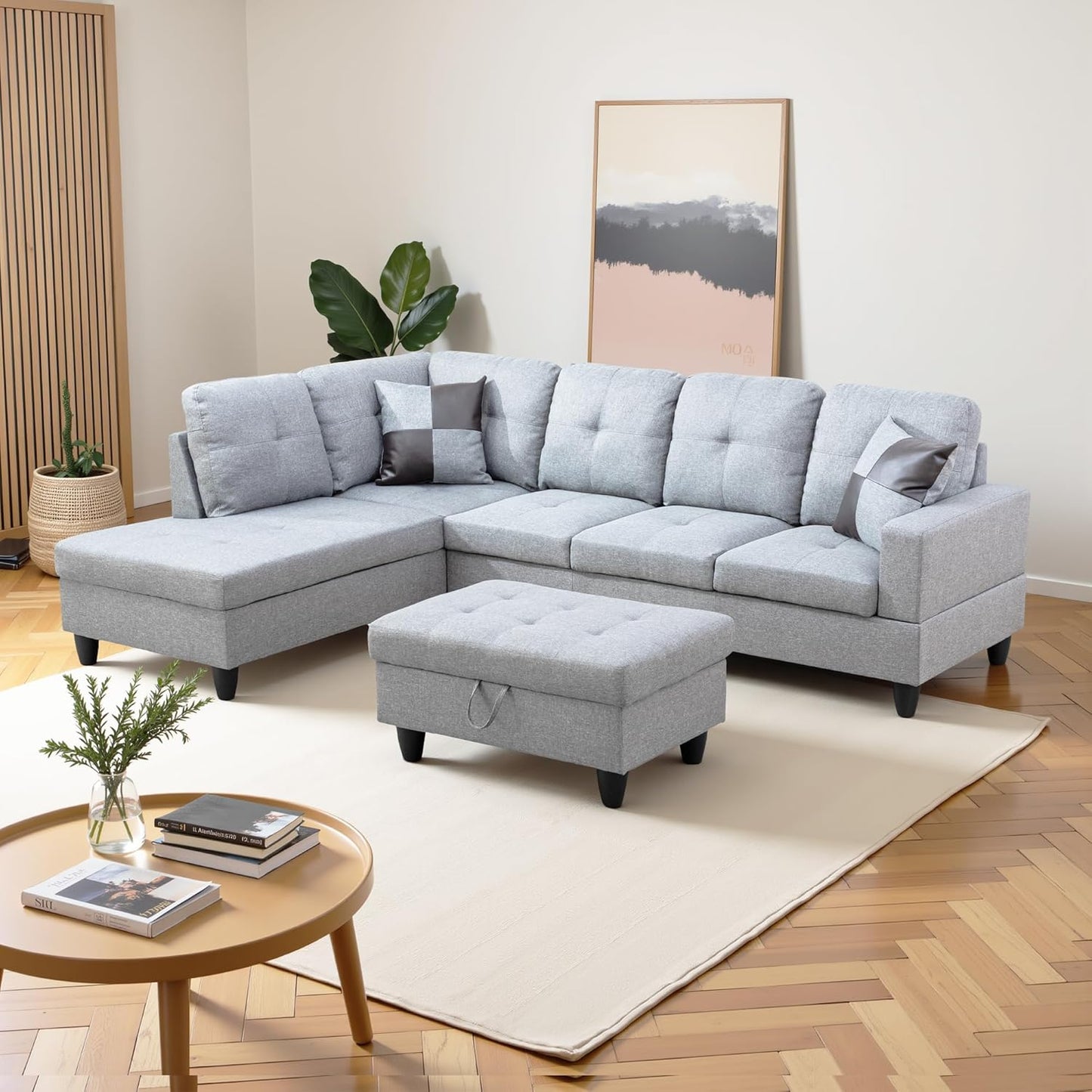 L Shaped Couch Modern Sectional Couch Upholstered Linen Fabric 3 Pieces Sofas for Living Room with Chaise, Storage Ottoman for Office and Small Apartment, Grey