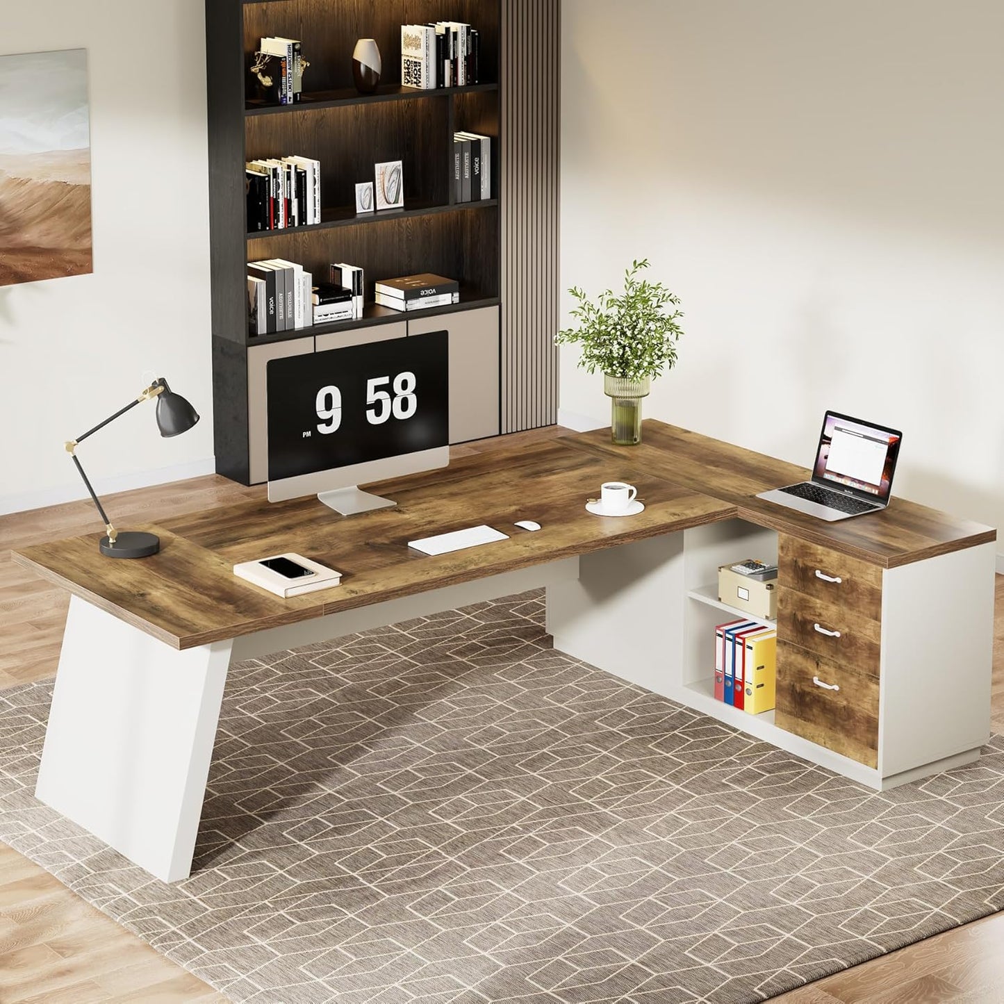 Tribesigns 78" L-Shaped Executive Desk, Large Modern Office Desk with Drawers and Lateral File Cabinet, Business Furniture with Storage Shelves, Big Computer Desk for Home Office (Brown + White)