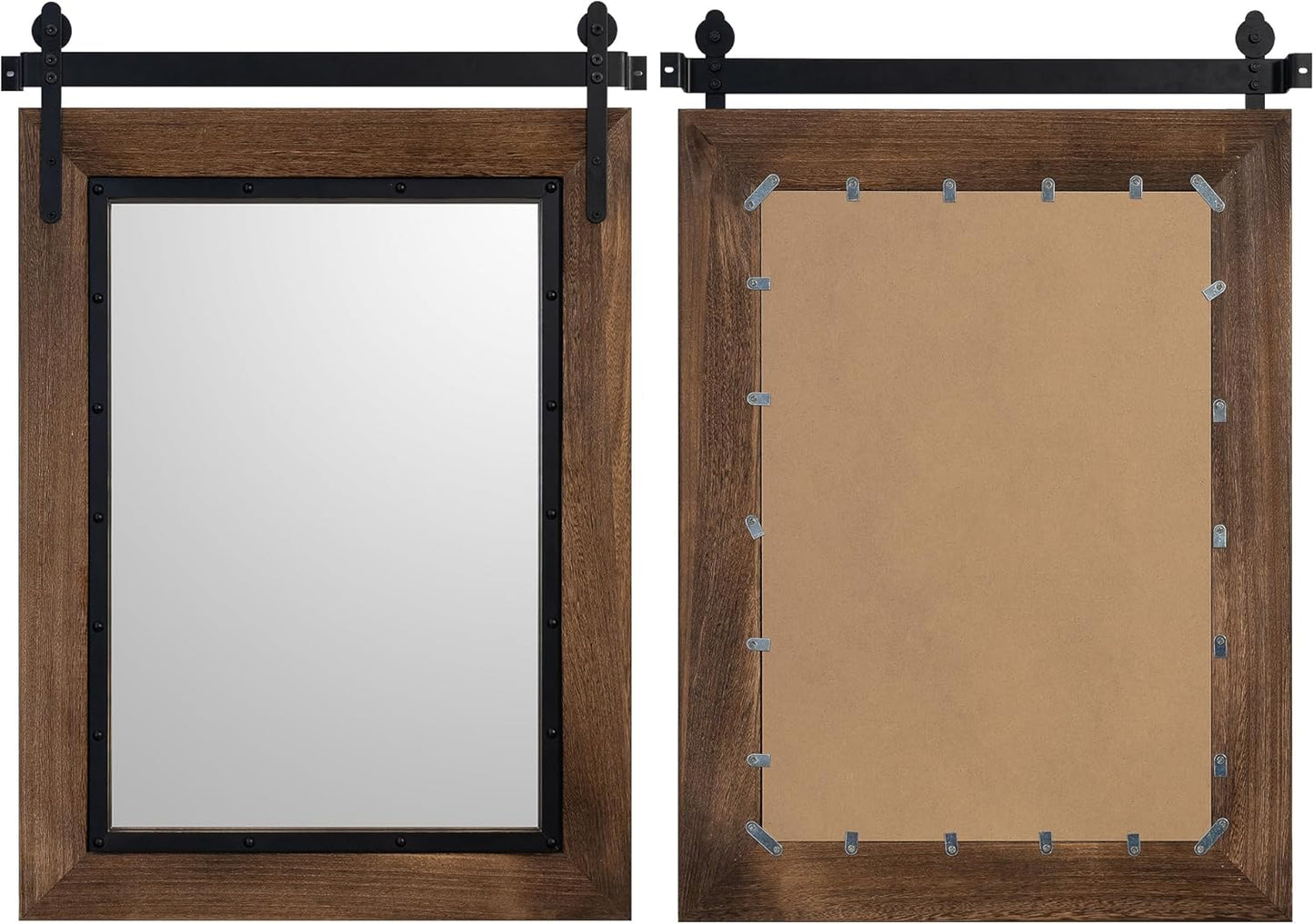 YOSHOOT Farmhouse Barn Door Mirror, 40"x30" Rustic Bathroom Mirror, Wood Frame Wall Mirror, Wooden Mirror for Living Room Bedroom Entryway Wall Décor, Vertical Hanging ONLY