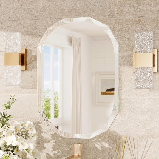 TokeShimi 20x28 Irregular Wall Mirror Beveled, Frameless Mirror Bathroom Stylish, Shatterproof Decorative Oval Bathroom Vanity Mirrored Round Modern for Living Room, Entryway, Restroom