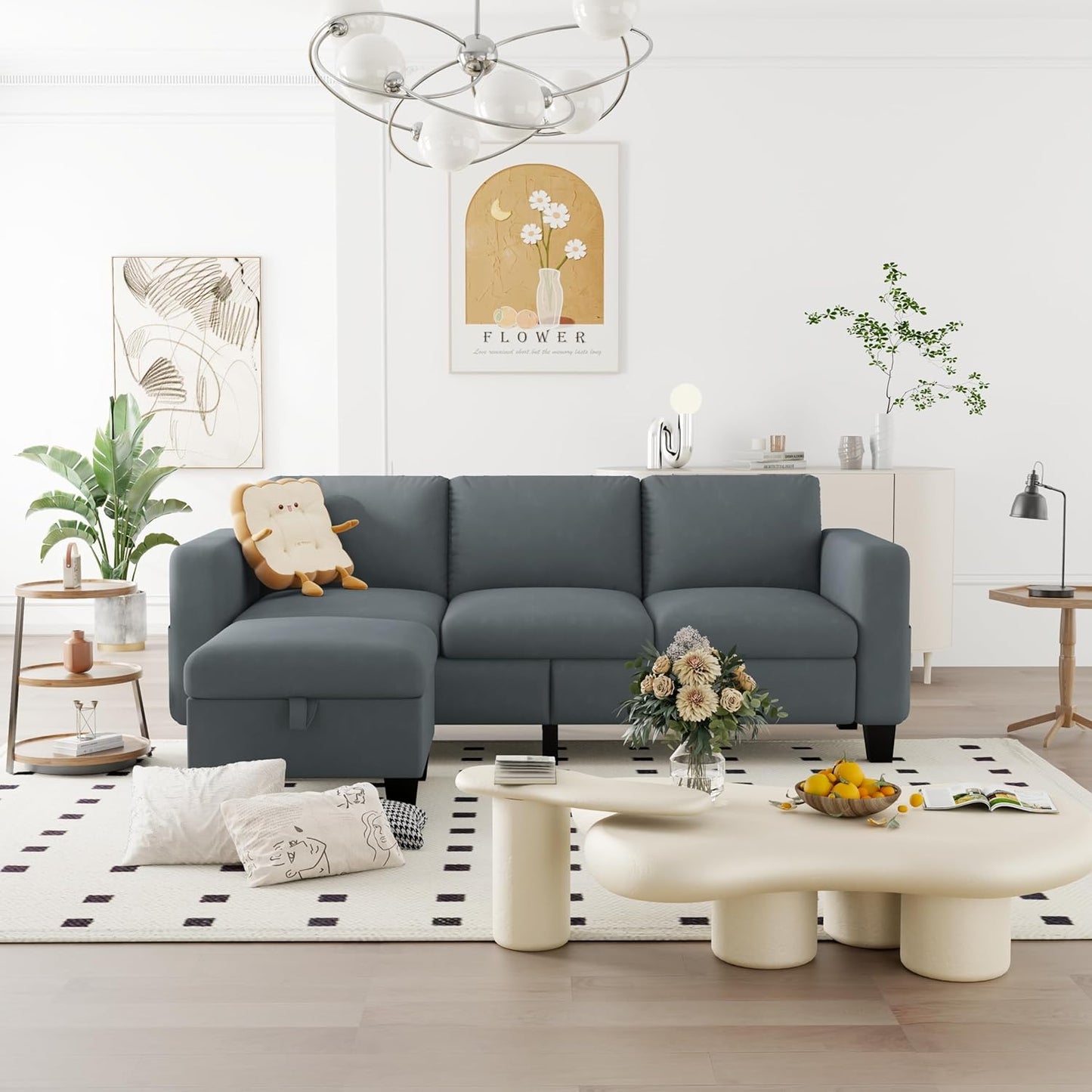 ZeeFu Convertible Sectional Sofa Couch,Classic 3 Seat L-Shaped Sofa with Movable Ottoman, Modern Dark Grey Velvet Fabric Upholstered Small Sectional Sofa Couch for Small Apartment Living Room Office