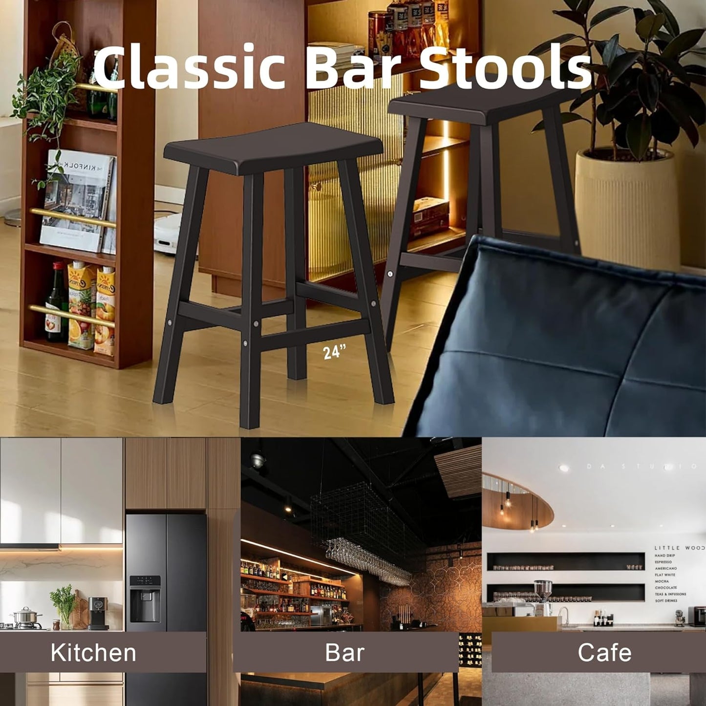 29" H Bar Stools Set of 2 - Classic Saddle Seat with Footrest, Resin Kitchen Counter Stool, Anti-Slip & Waterproof - Tall Barstools for Bar, Kitchen, Dining Room, Lounge - Black