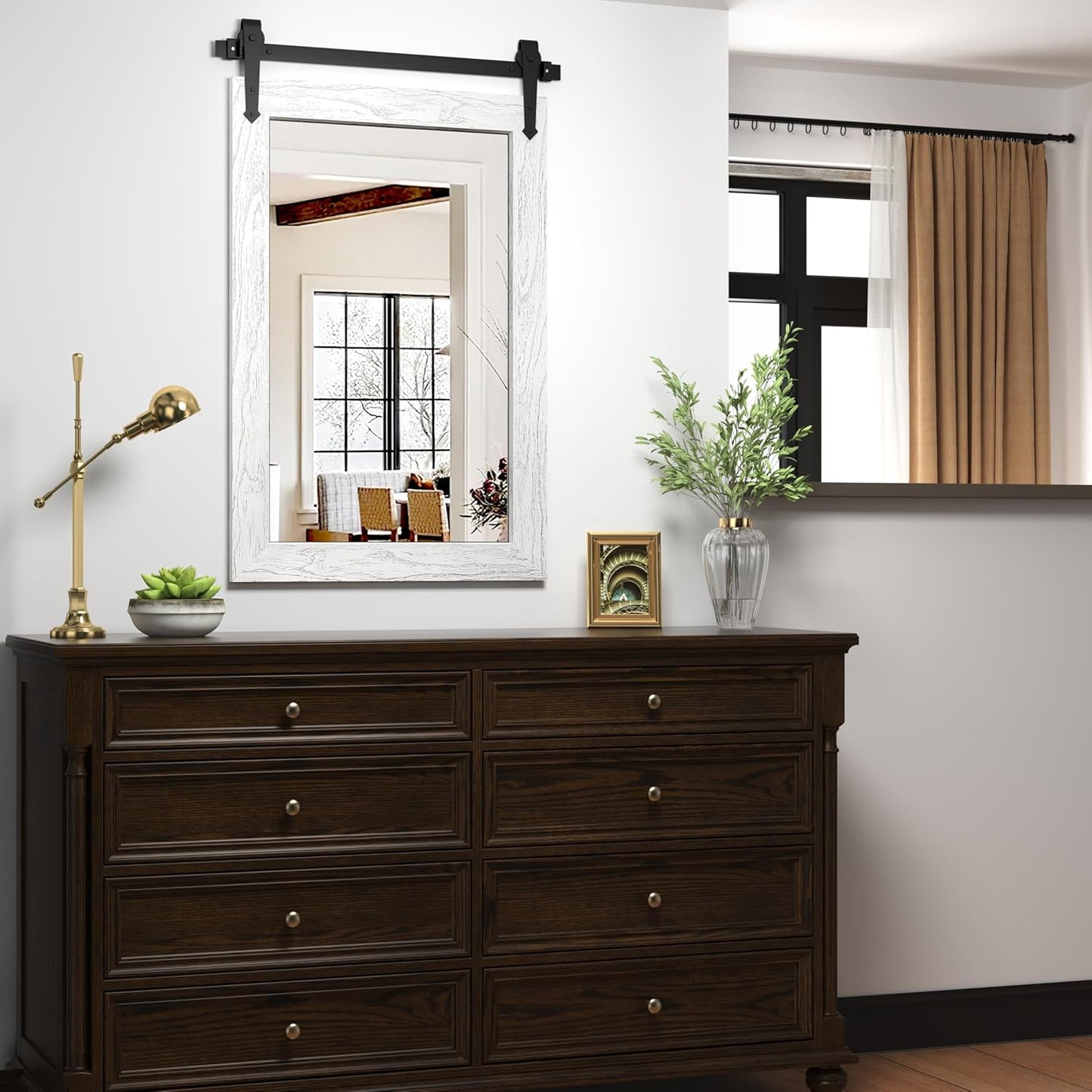 Farmhouse Bathroom Mirrors for Over Sink 26”x40” White Rustic Wall Decor Mirror for Vanity Barn Door Style Wall Mirror for Bathroom Entryway Living Room Bedroom