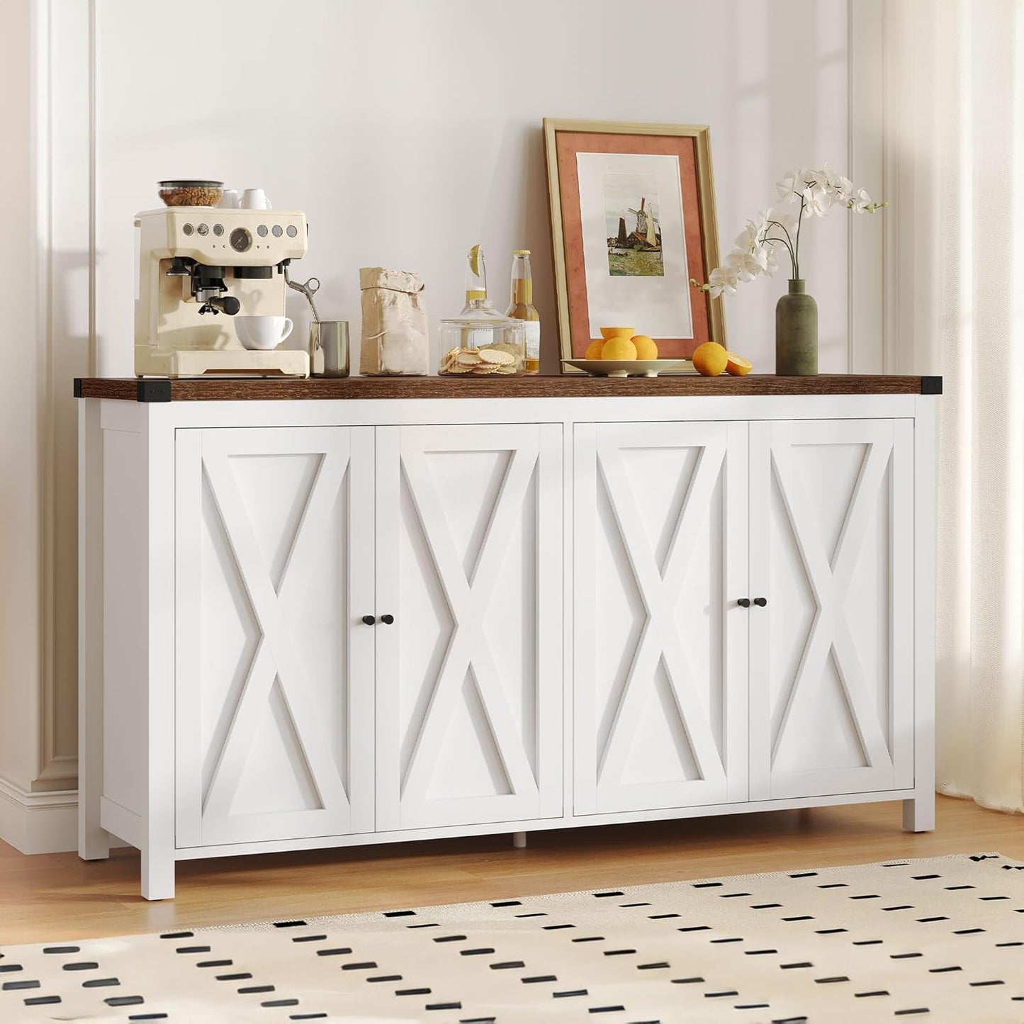 DWVO 55'' Sideboard Buffet Cabinet with Storage, Farmhouse Kitchen Storage Cabinet with 4 Doors, Coffee Bar Cabinets with Adjustable Shelves for Kitchen, Living Room, White&Brown