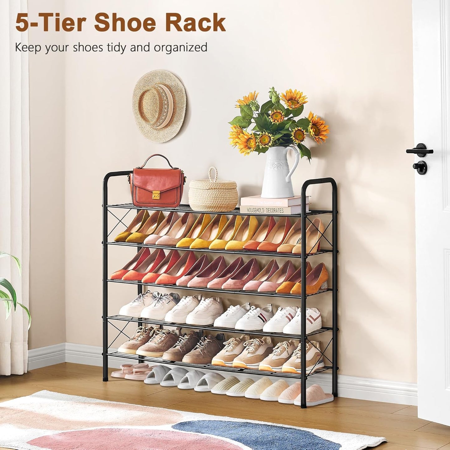 Hoctieon 5 Tier Mesh Style Shoe Rack, Entryway Shoe Shelf, Shoe Storage Organizer, Shoe Rack for Closet, Space Save for Bathroom, Garage, Hallway, Bedroom, Living Room, Black