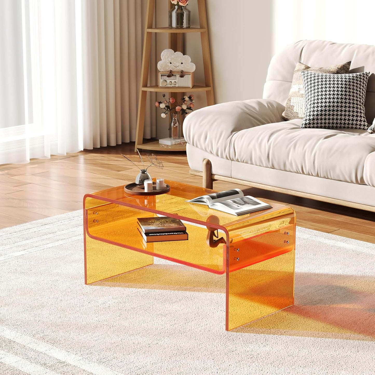 Acrylic Coffee Table, Orange Rectangle Acrylic Side Table Furniture, Modern Tea Table with Open Storage, Acrylic End Table for Living Room, Office Reception and Bedroom