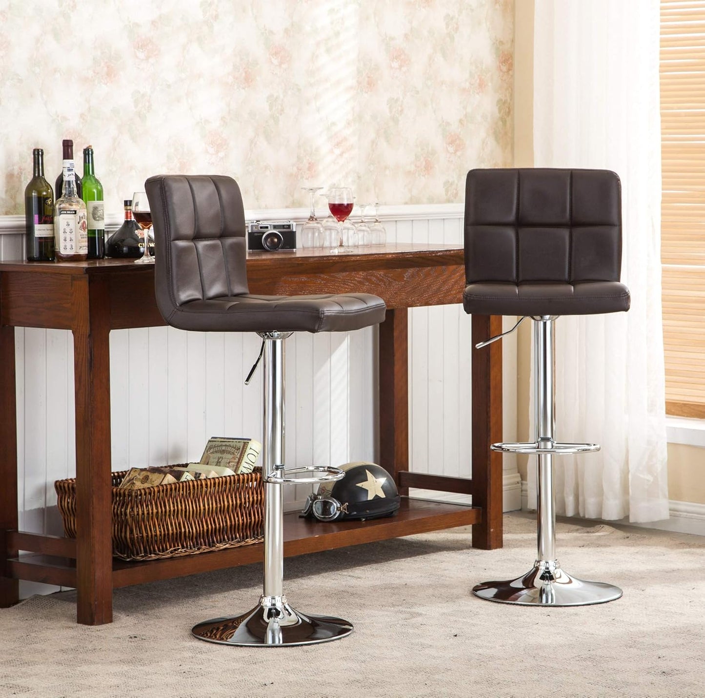 Roundhill Furniture 2 Swivel Elegant PU Leather Modern Adjustable Hydraulic Barstools, Brown