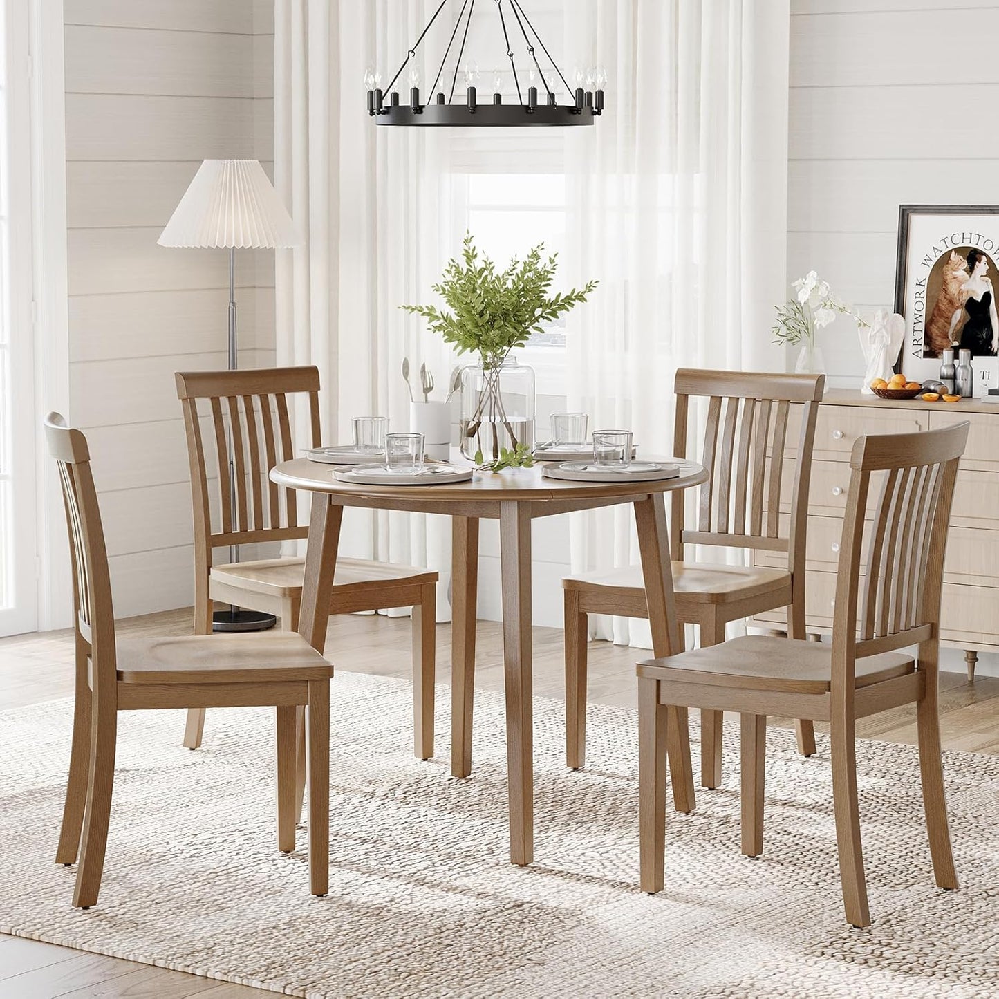 COLAMY Wooden Dining Chairs Set of 4, Solid Rubberwood Kitchen & Dining Room Chairs, Farmhouse Rustic Side Chairs for Dining Table, Anti-Slip Protection, Classic Windsor Style Seating, Oak Light Brown