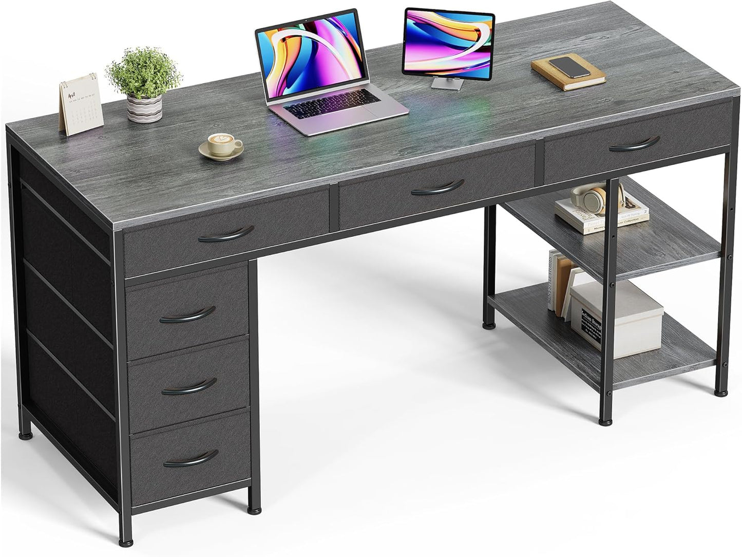 Huuger Computer Desk with 6 Drawers, 47 Inch Office Desk with Shelves, Reversible Gaming Desk, Corner Desk with Storage, Work for Home Office, Study, Living Room, Gray