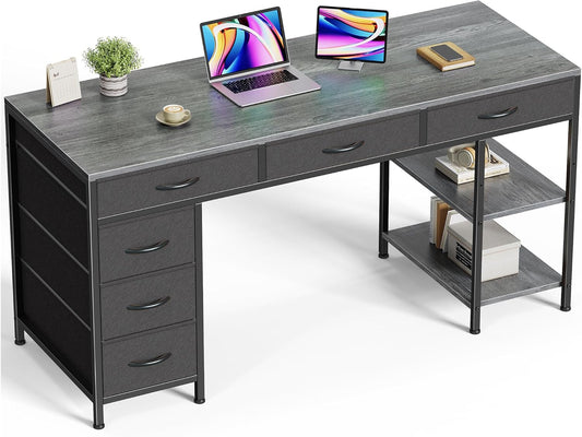 Huuger Computer Desk with 6 Drawers, 47 Inch Office Desk with Shelves, Reversible Gaming Desk, Corner Desk with Storage, Work for Home Office, Study, Living Room, Gray