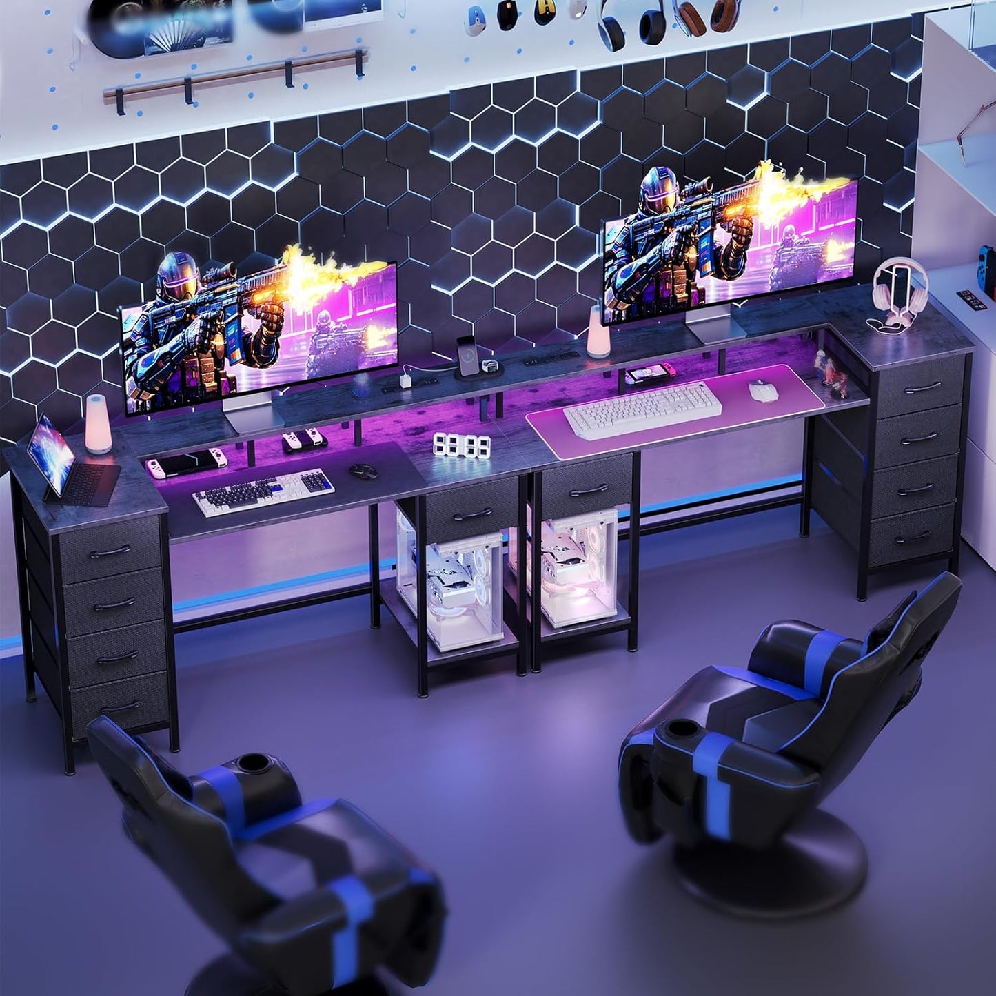 47 Inch Computer Gaming Desk with Power Outlets & LED Lights Reversible Home Office Desk with Adjustable 5 Fabric Storage Drawers for Working Writing Study, Grey