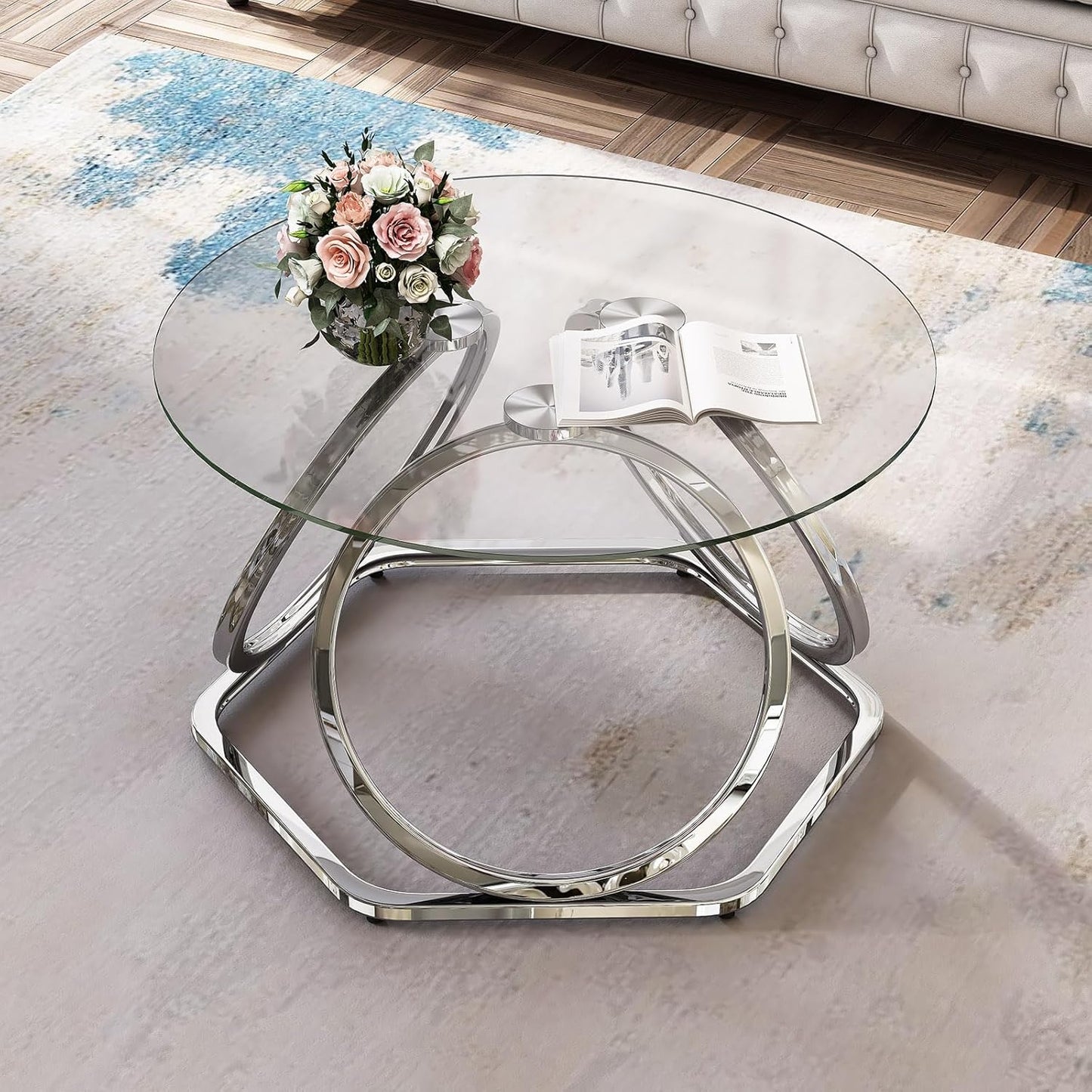 O&K FURNITURE Glass Coffee Table, Modern Silver Coffee Table Living Room Table with Hexagonal Base, Round Coffee Table for Home&Office, Chrome Finish, 1 PC