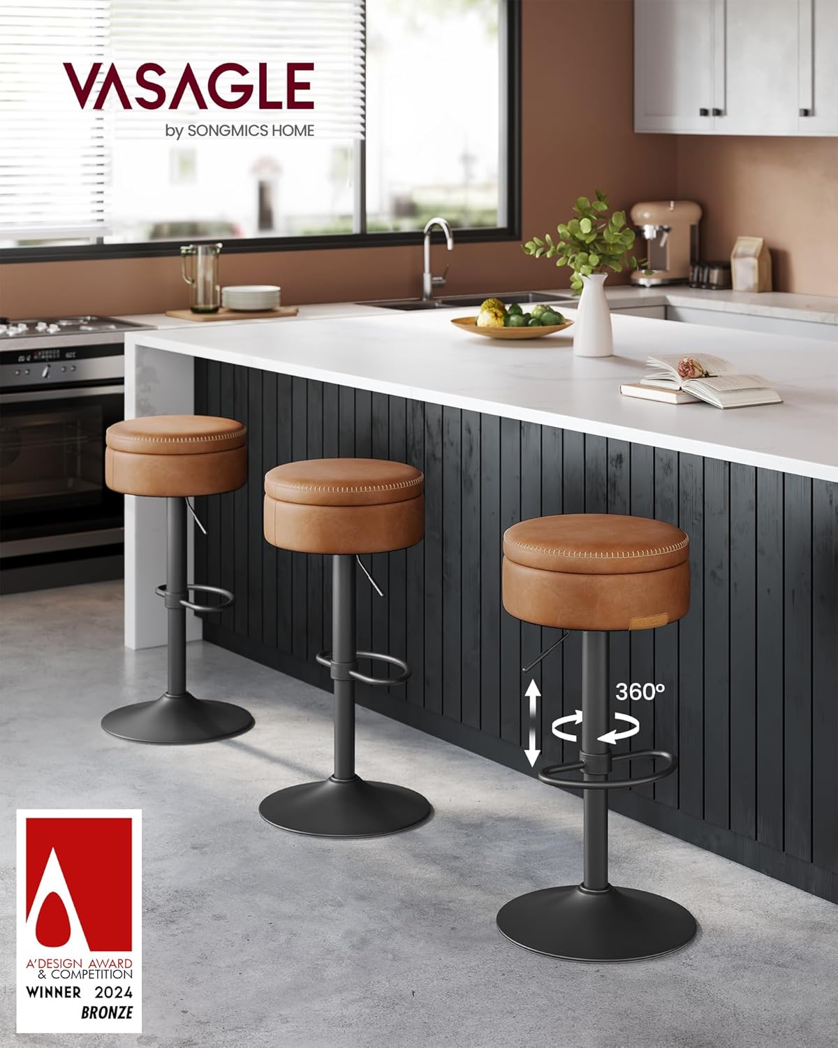 VASAGLE EKHO Collection - 360° Swivel Bar Stools Set of 2, Height Adjustable Barstools with Storage, Synthetic Leather with Stitching, Mid-Century Modern, Kitchen Bar, Easy Assembly, Caramel Brown