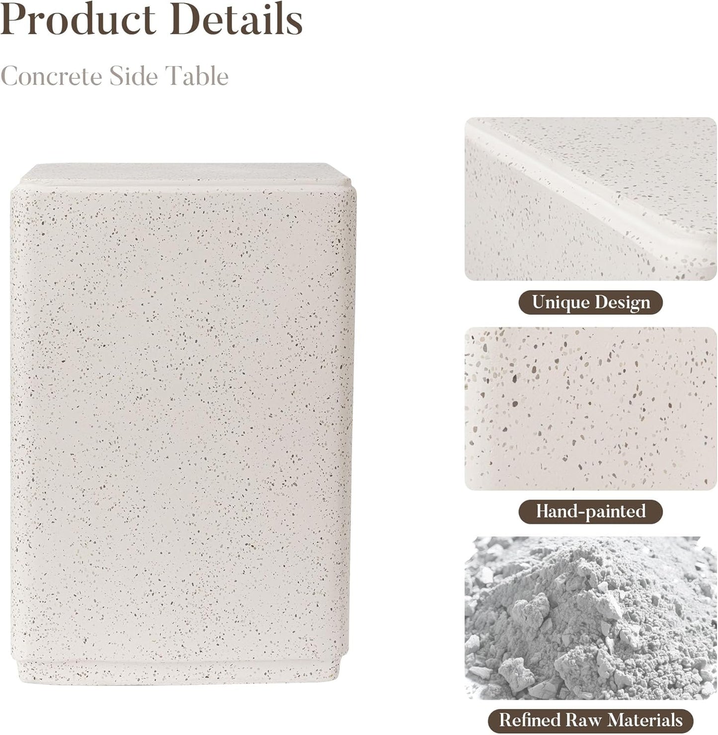 COSIEST 20" Outdoor Side Table, Weather-Resistant Square Concrete End Table for Patio,Durable Small Outside Tables Accent Stool for Garden, Porch, Deck, Balcony & Beach，Speckled White