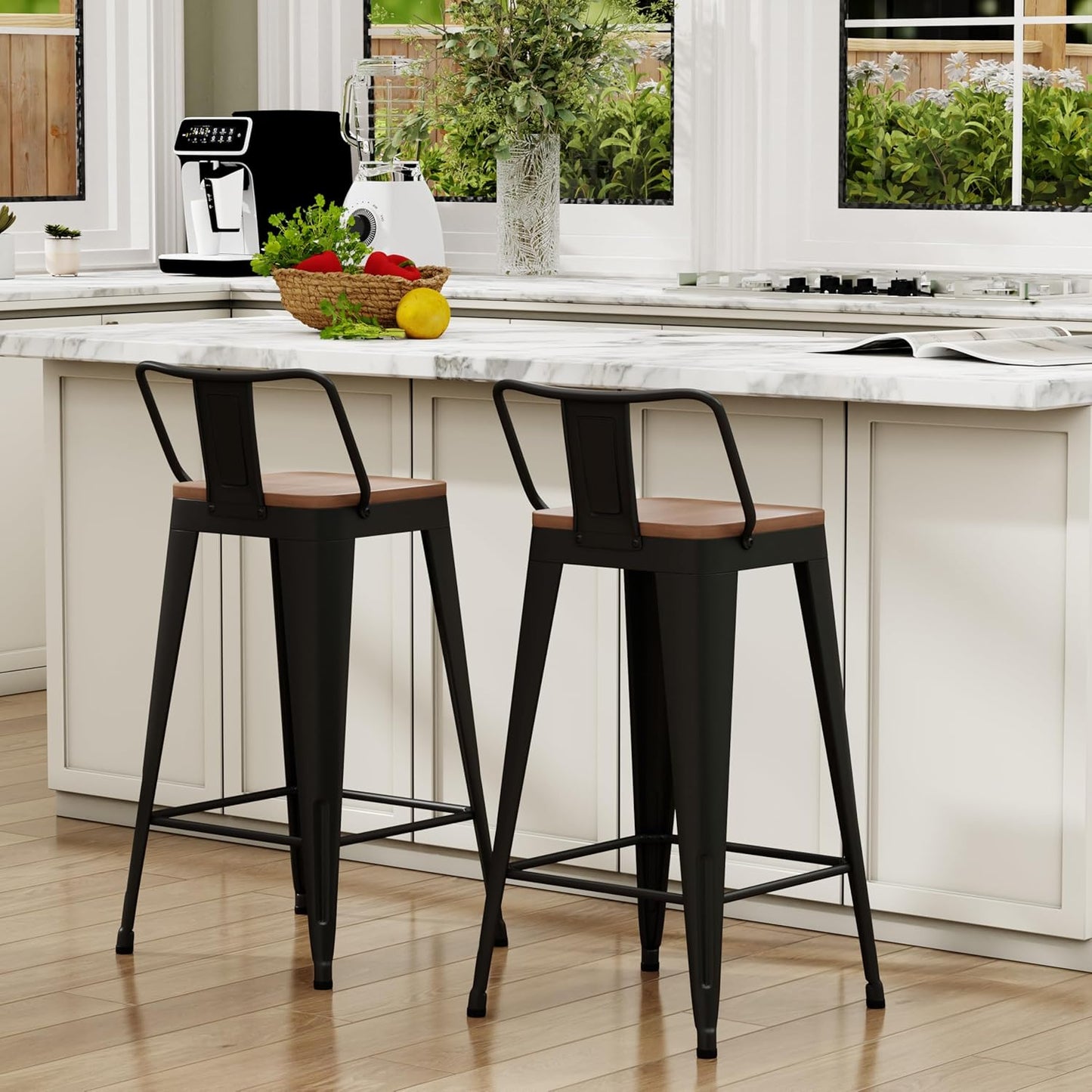 WENTMENT Metal Bar Stools Set of 2 Counter Height Barstools with Removable Back 26" Kitchen Bar Stools with Wooden Seat, Black