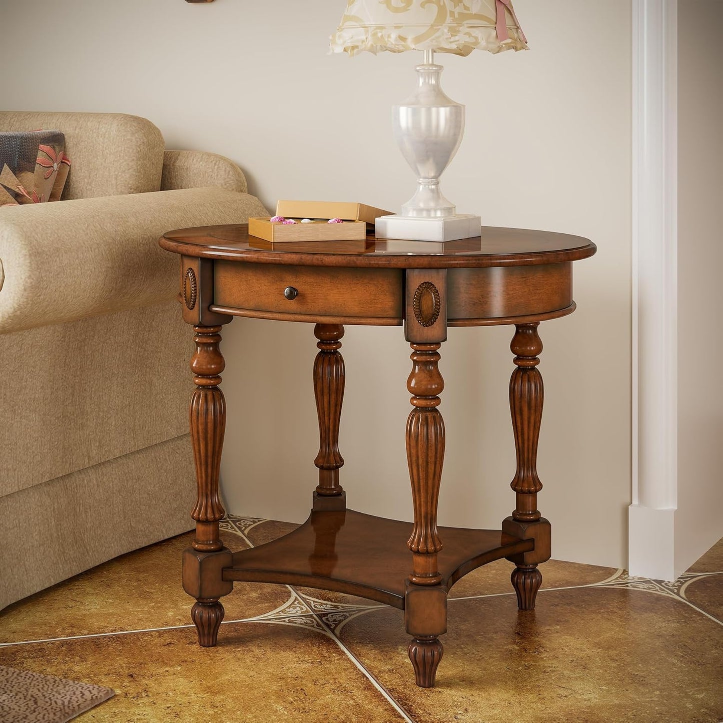 LEEMTORIG Oval Round End Table, 2-Tier Solid Wood End Table Side Table with Drawer, Victorian Vintage Nightstand for Bedroom Living Room Hallway, 28" W x 22" D x 24.2" H, Caramel Brown CJZ-1533-MG