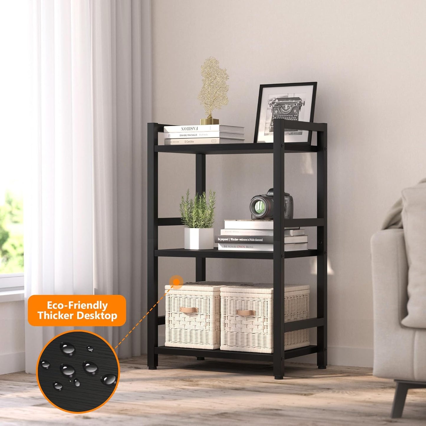 Book Shelf, 3 Tier Bookcase with Steel Frame, Stable Bookshelf Narrow Book Shelves Storage Organizer for Book CD Movie, Open Book Shelves for Living Room, Home Office, Study, Black