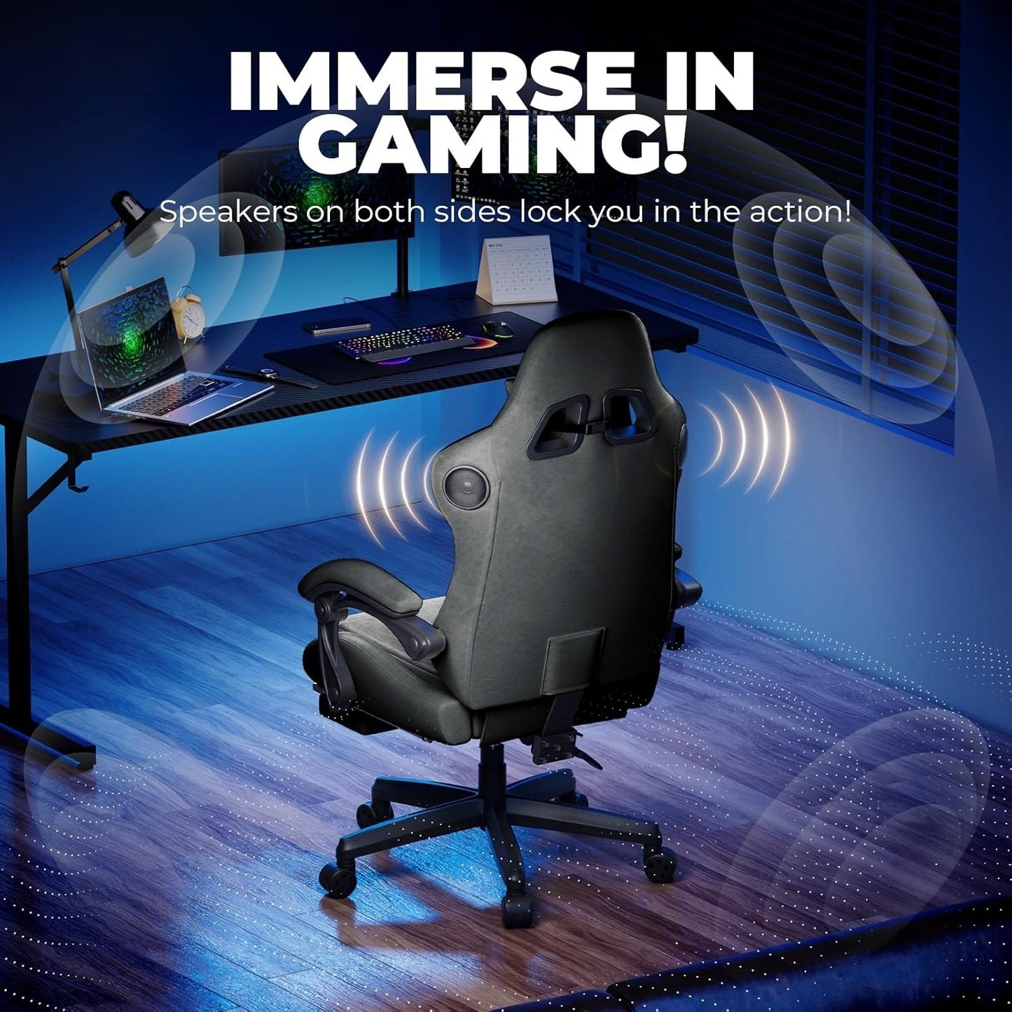 GTPLAYER ACE-PRO Music Gaming Chairs – Built-in Speakers, App Support & Bluetooth Control, Footrest & Pocket, Gamer Chair for Adults, Grey