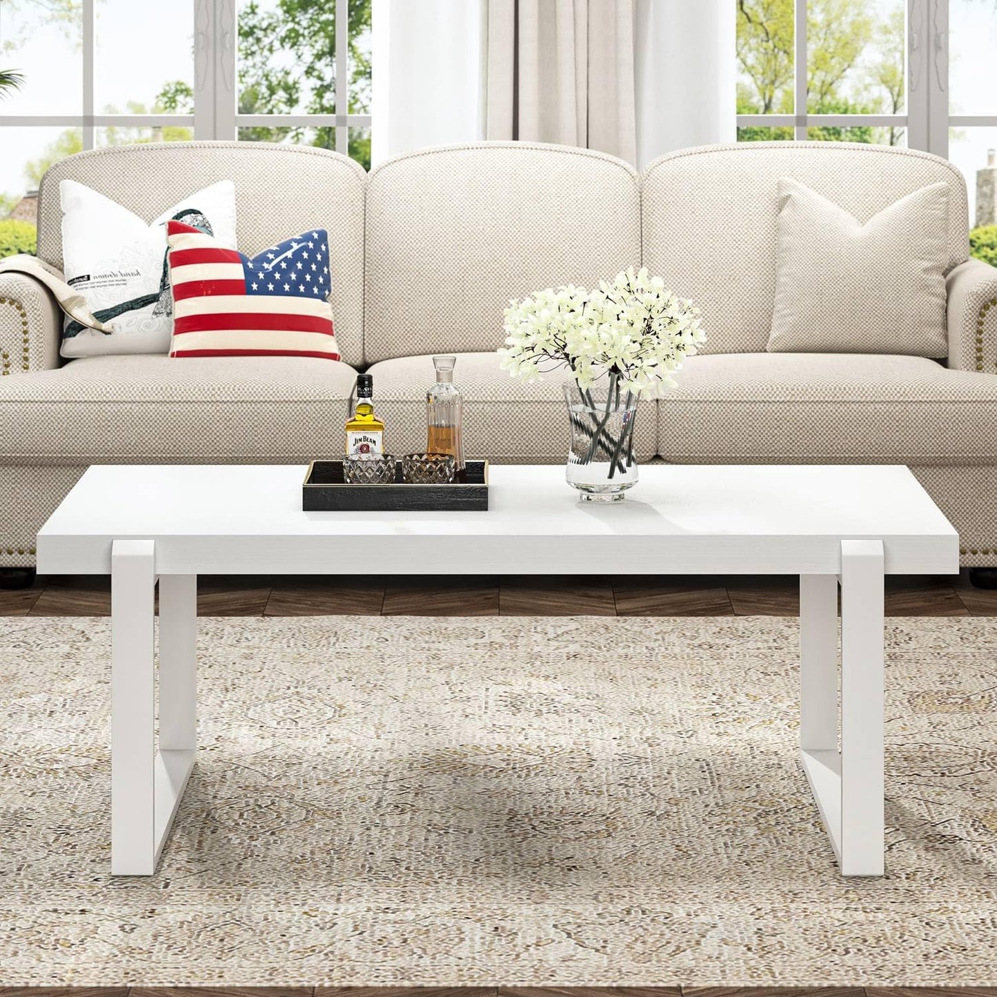 FOLUBAN White Coffee Table, Modern Rustic Wood and Metal Center Table, Rectangle Cocktail Tea Table for Living Room, 47 Inch