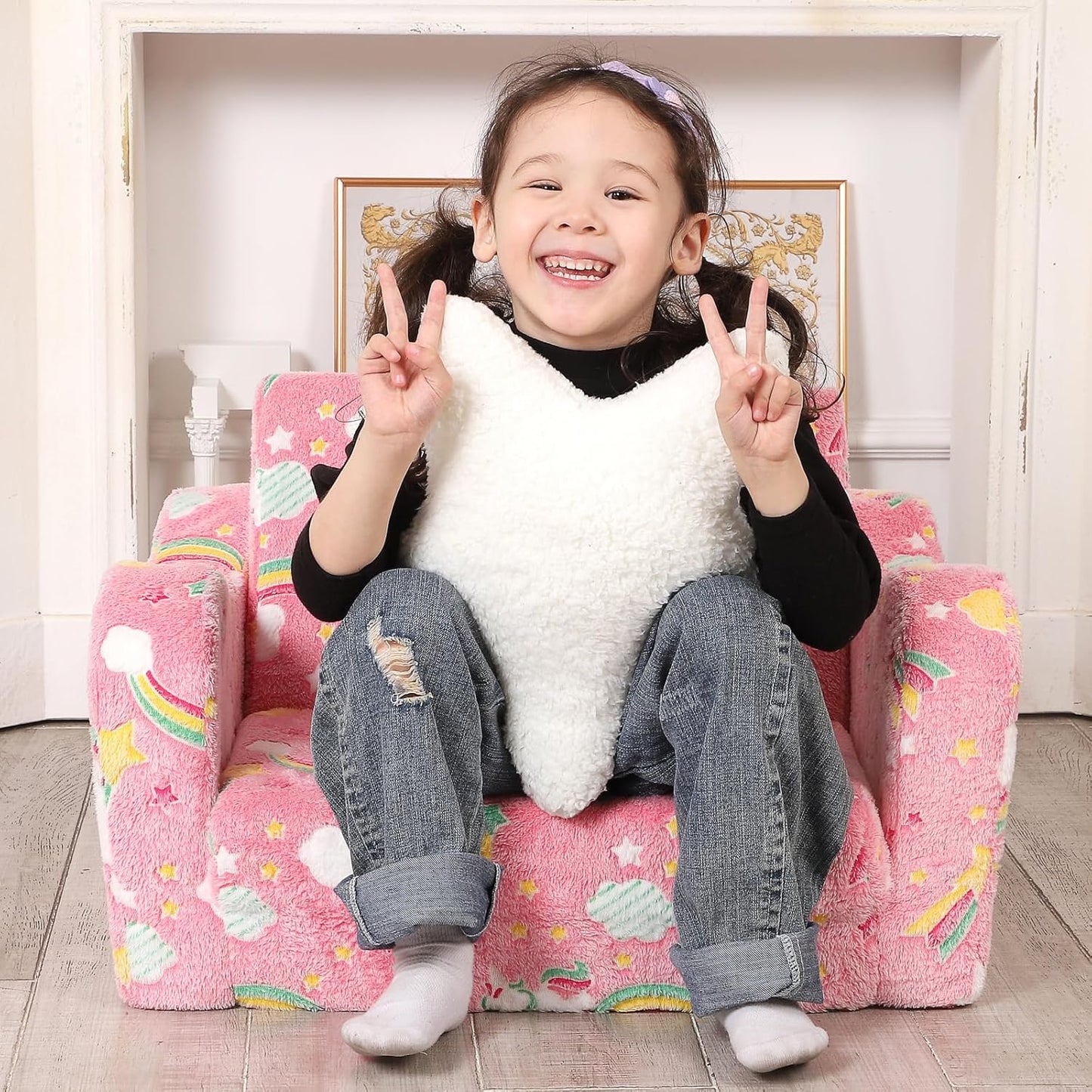 Unicorn Glow in The Dark Toddler Couch, 2-in-1 Toddler Soft Couch Fold Out with Star Pillow, Convertible Sofa to Lounger for Girls and Boys, 1-Seat