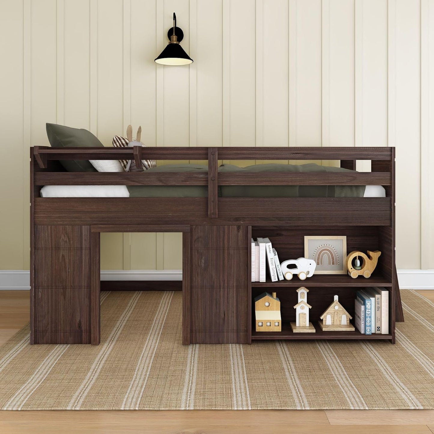 Max & Lily Modern Farmhouse Twin Low Loft Bed with Bookcase - Solid Wood, 15” Guardrails, 400-lb Capacity, Low-VOC Finish, Barnwood Brown