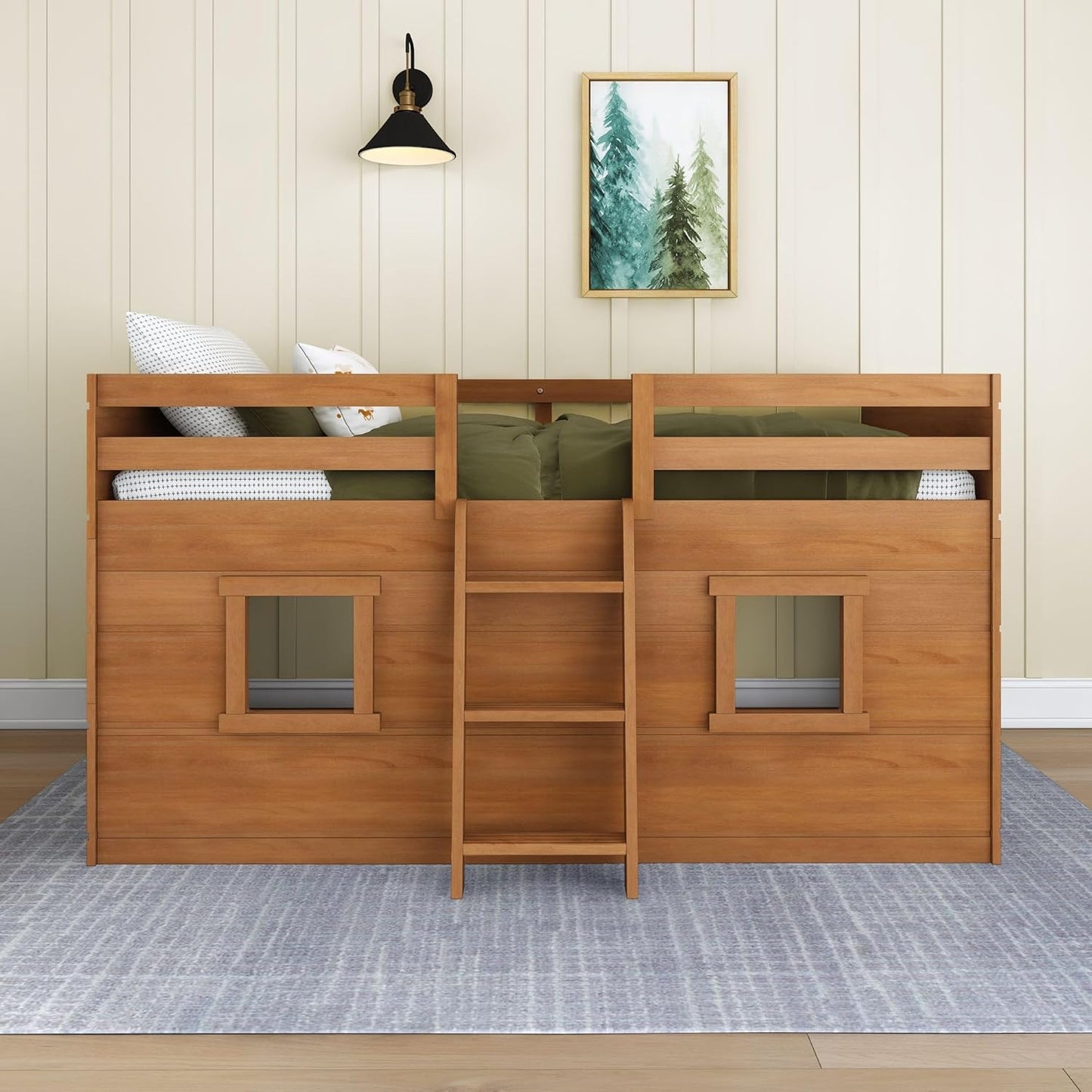 Max & Lily Modern Farmhouse Twin Low Loft Bed with Two Windows - Solid Wood, 15” Guardrails, 400-lb Capacity, Low-VOC Finish, Farmhouse Pecan