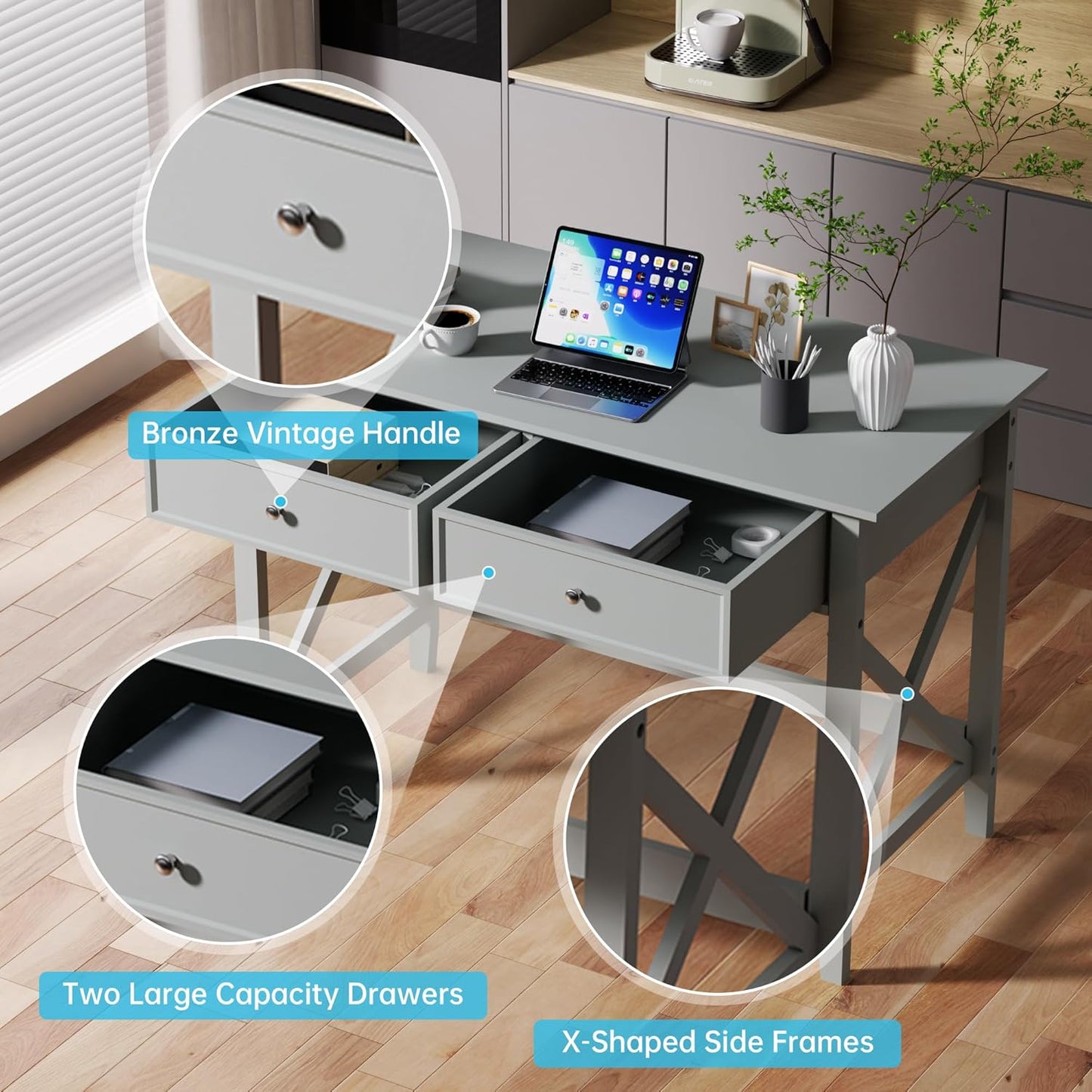 Computer Desk with 2 Drawers, Elegant Home Office Writing Study Desk with Storage, Modern Simple Vanity Desk Console Table for Living Room, Grey