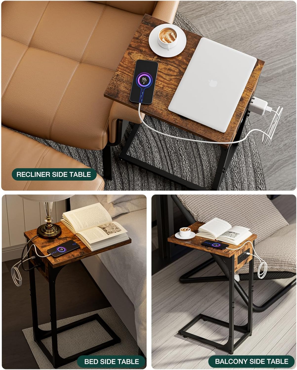 C-Shaped Side Table for Couch - Small Coffee Stand Sofa Tray Desk with Metal Frame Waterproof Scratch Resistant Wood Top and Built-in Charging Station, Rustic Brown