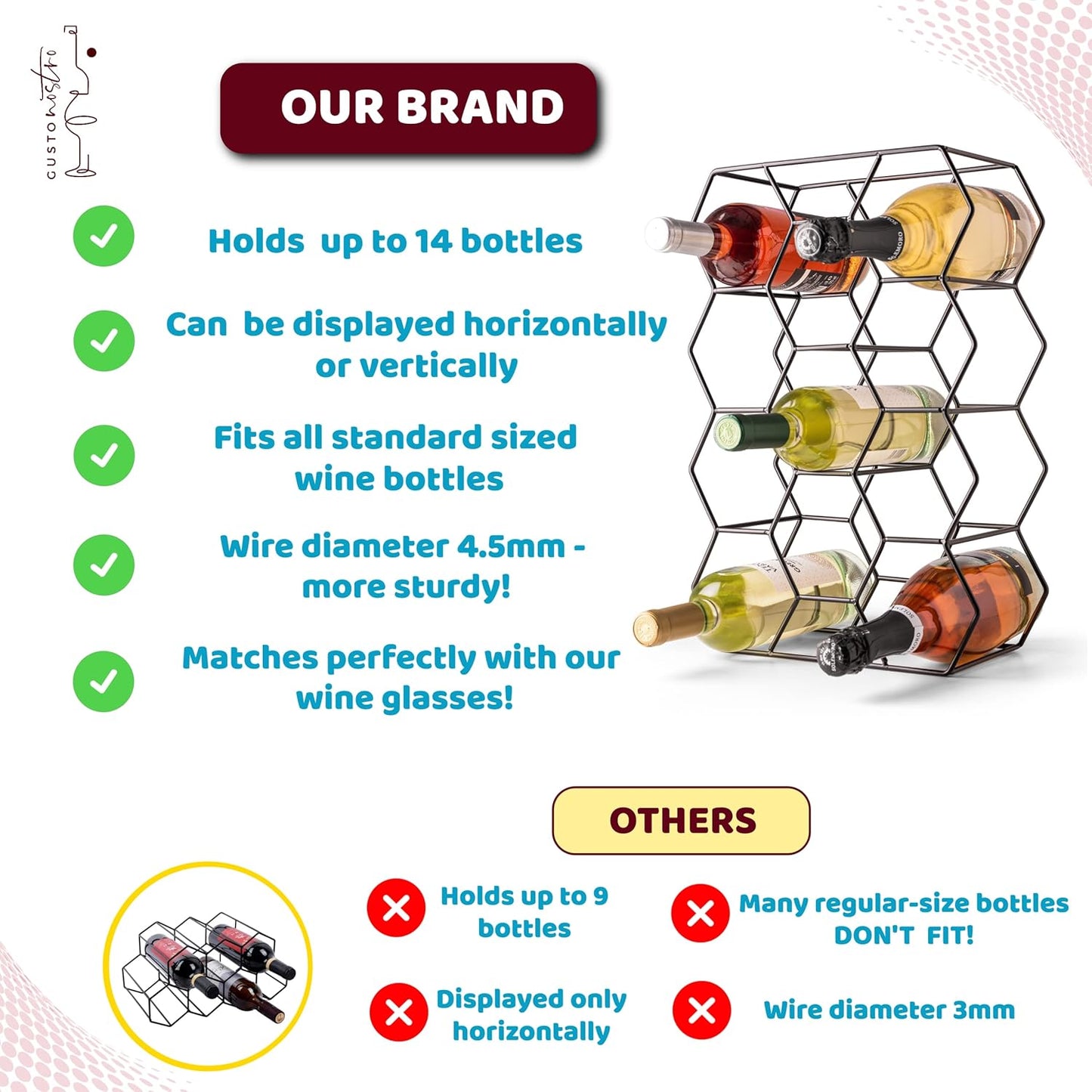 Gusto Nostro Countertop Wine Rack - 14 Bottle Freestanding Modern Black Metal Small - 3 Tier Tabletop Wine Holder Stand for Cabinet, Pantry - Wine Racks Countertop - No Assembly Required