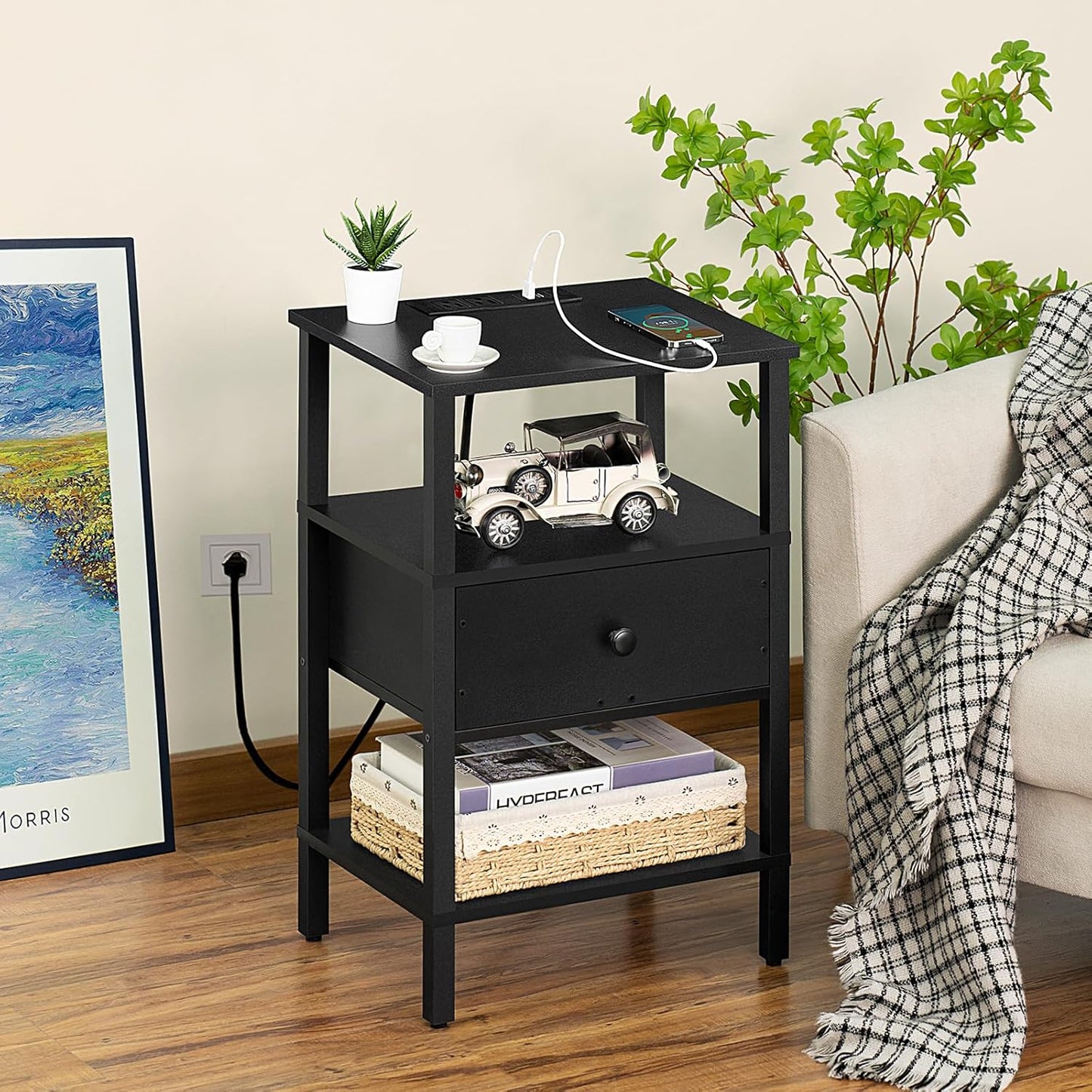Lerliuo Nightstand with Charging Station and USB Ports, 3-Tier Storage End Table with Drawer Shelf, Night Stand for Small Spaces, Wood Bed Side Table for Living Room, Bedroom - Classic Black